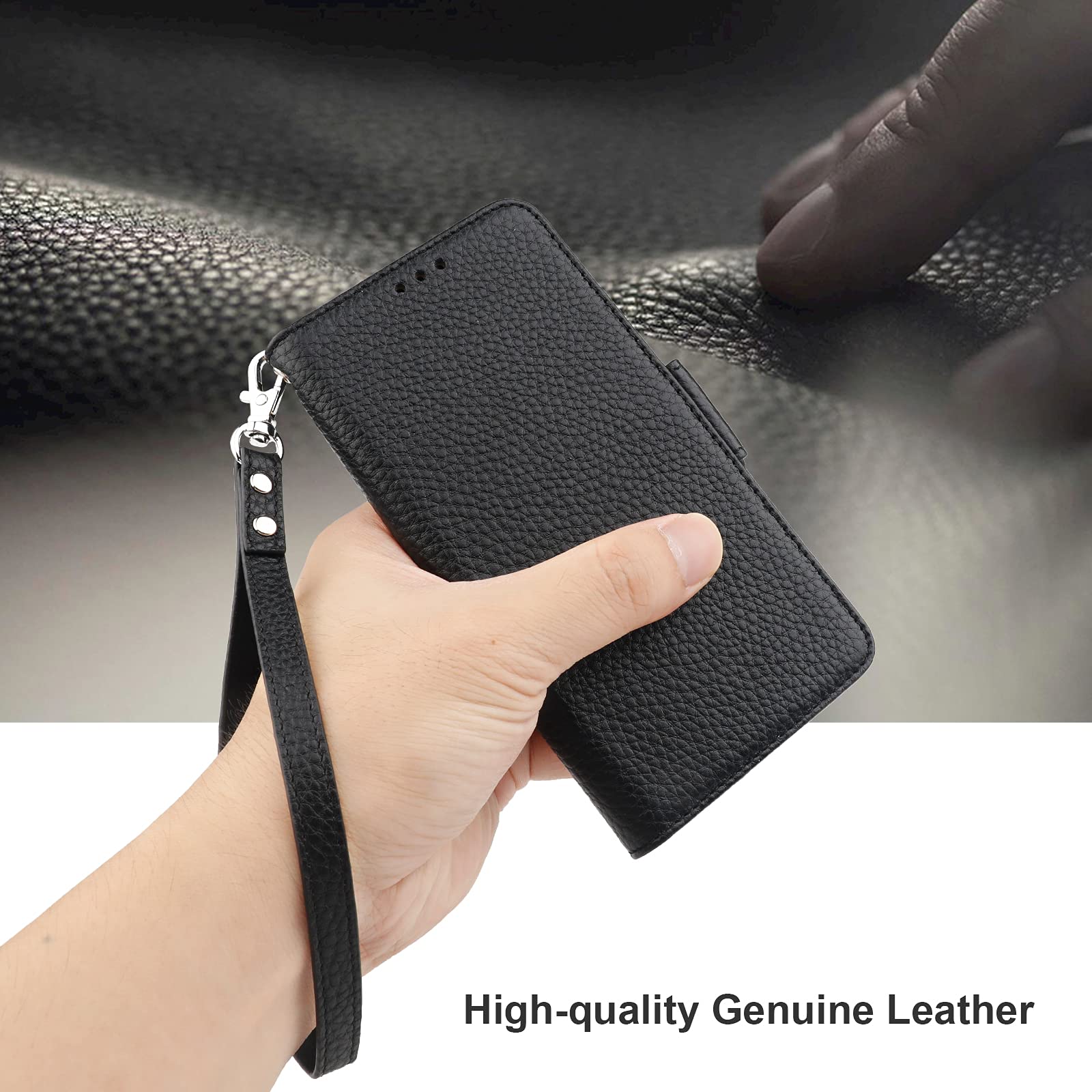 Genuine Leather iPhone 11 Wallet Case with Wireless Charging & RFID Blocking - Flip Folio Cover with Card Slots, Kickstand & Wrist Strap for 6.1