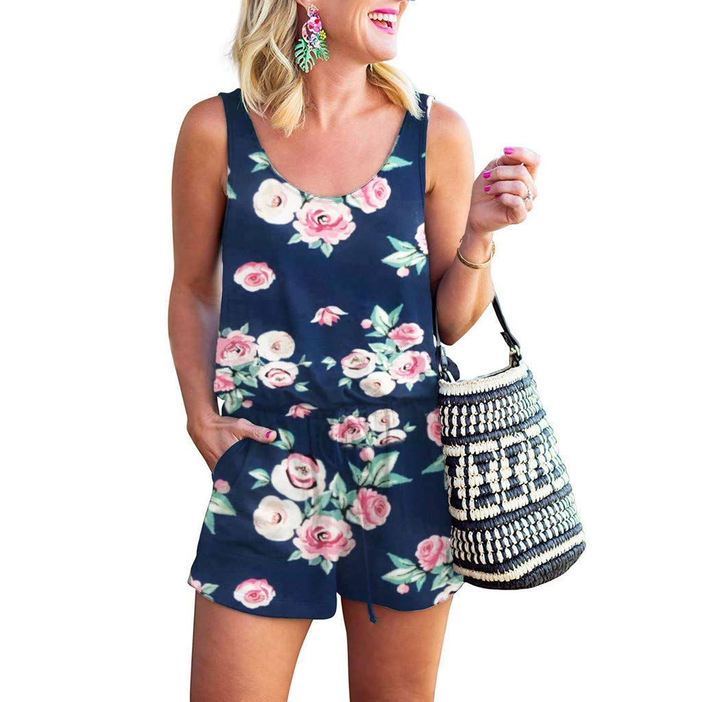 Tlzadwei Women's Summer Sleeveless Jumpsuit - Floral Print Tank Top Romper with O-Neck for Casual Outings, Beach Vacations & Summer Parties
