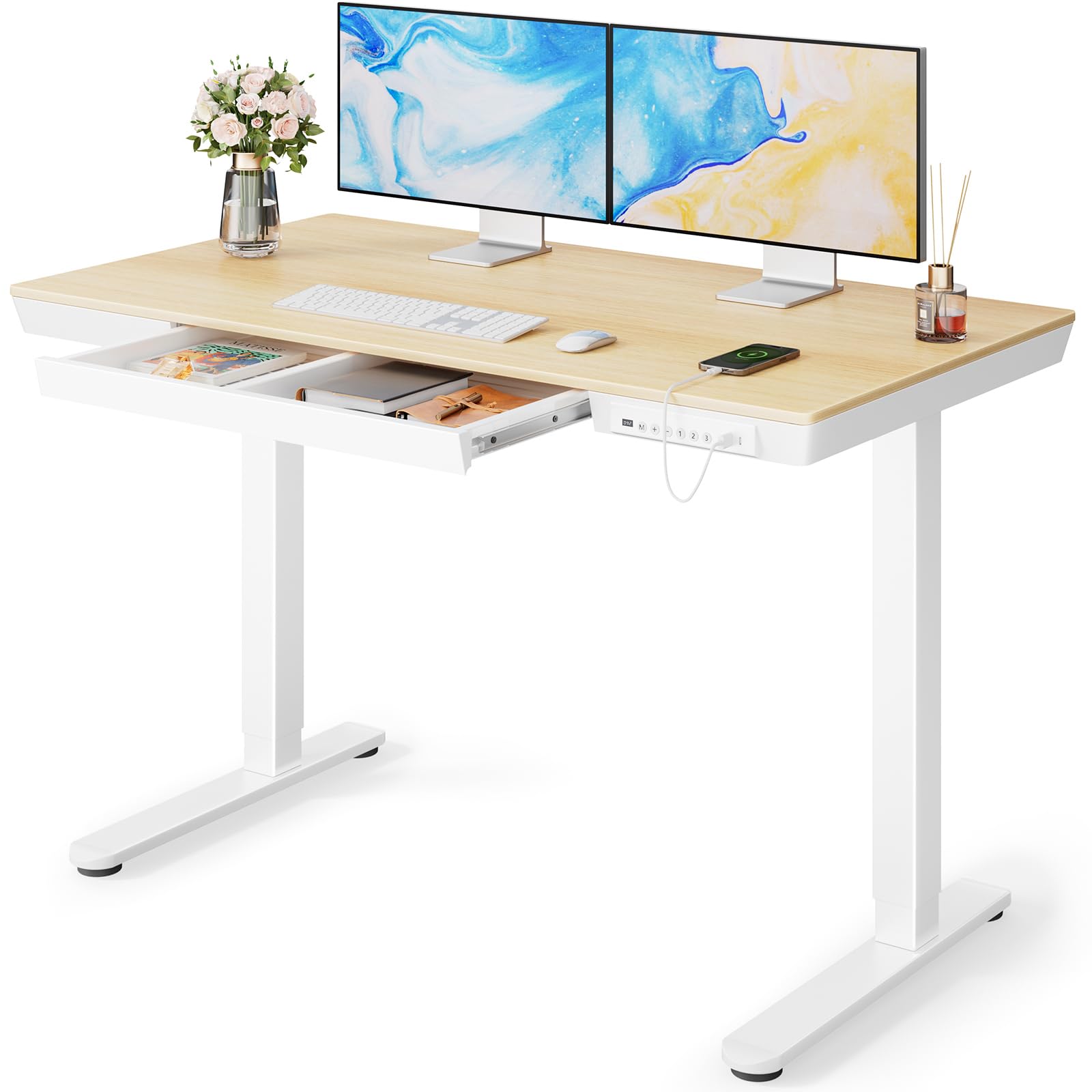 Marsail 48 x 24 Inch Electric Height Adjustable Standing Desk with Drawer, USB Charging Ports & Storage - Solid Wood Sit Stand Desk for Home Office, Gaming & Workstation Setup