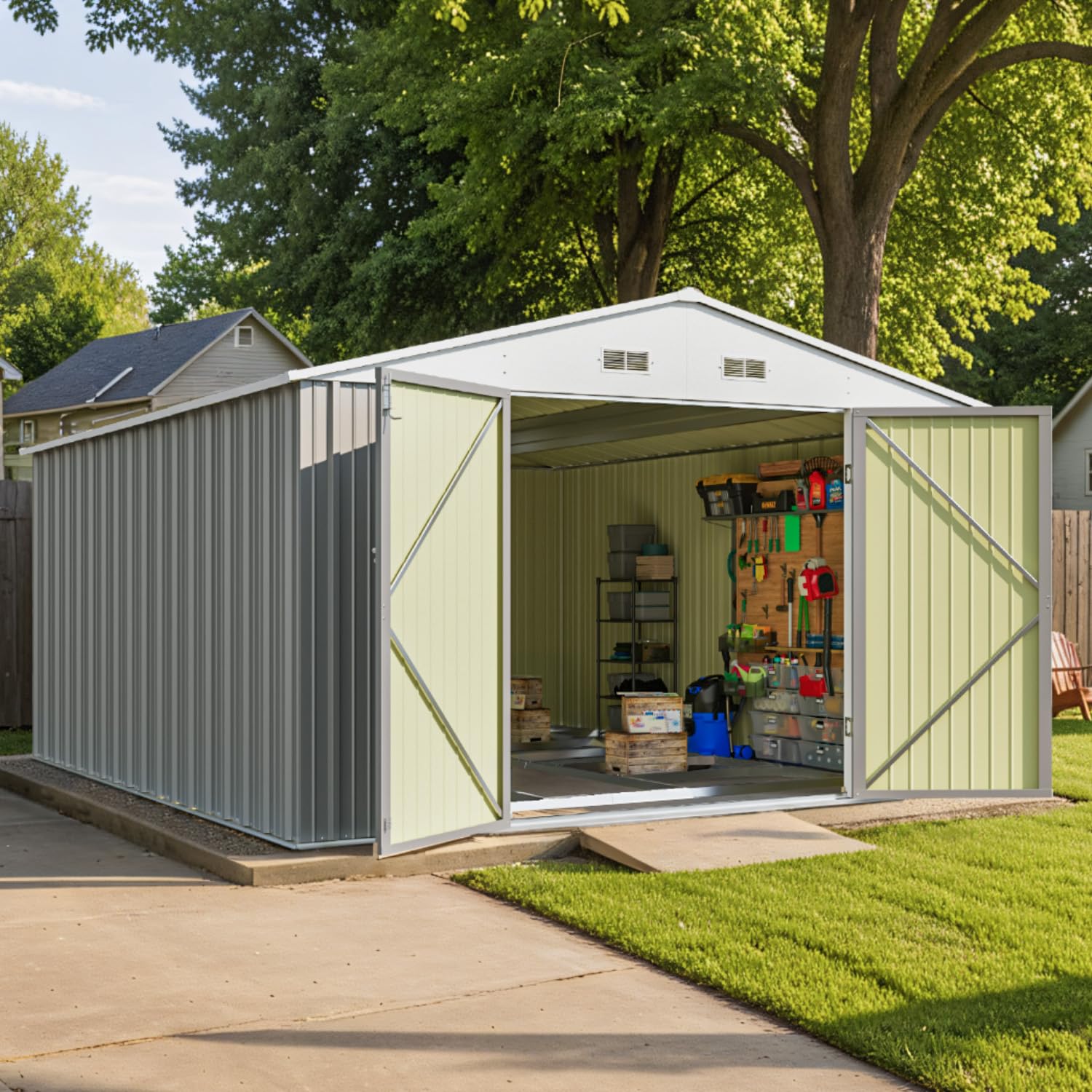 10x12 FT Outdoor Storage Shed with Floor Frame - Heavy Duty Metal Garden Tool Shed with Sloping Roof & Double Lockable Doors - Perfect for Backyard, Patio, Lawn Equipment & Seasonal Storage (Grey)