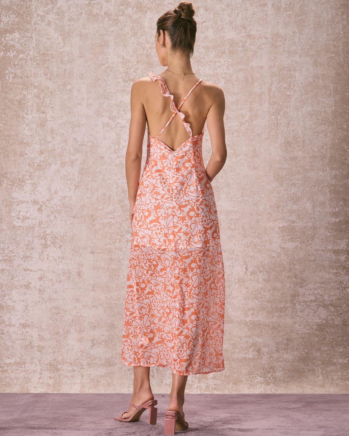 Floral Ruffle Maxi Dress for Women - Orange V-Neck Boho Summer Beach Dress - Perfect for Vacations, Weddings & Outdoor Parties