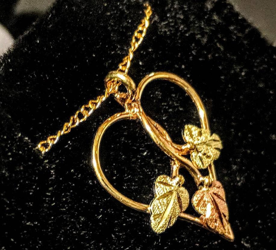 10kt Solid Gold Three-Tone Heart Pendant with Red & Green Leaf Accents - Includes 18