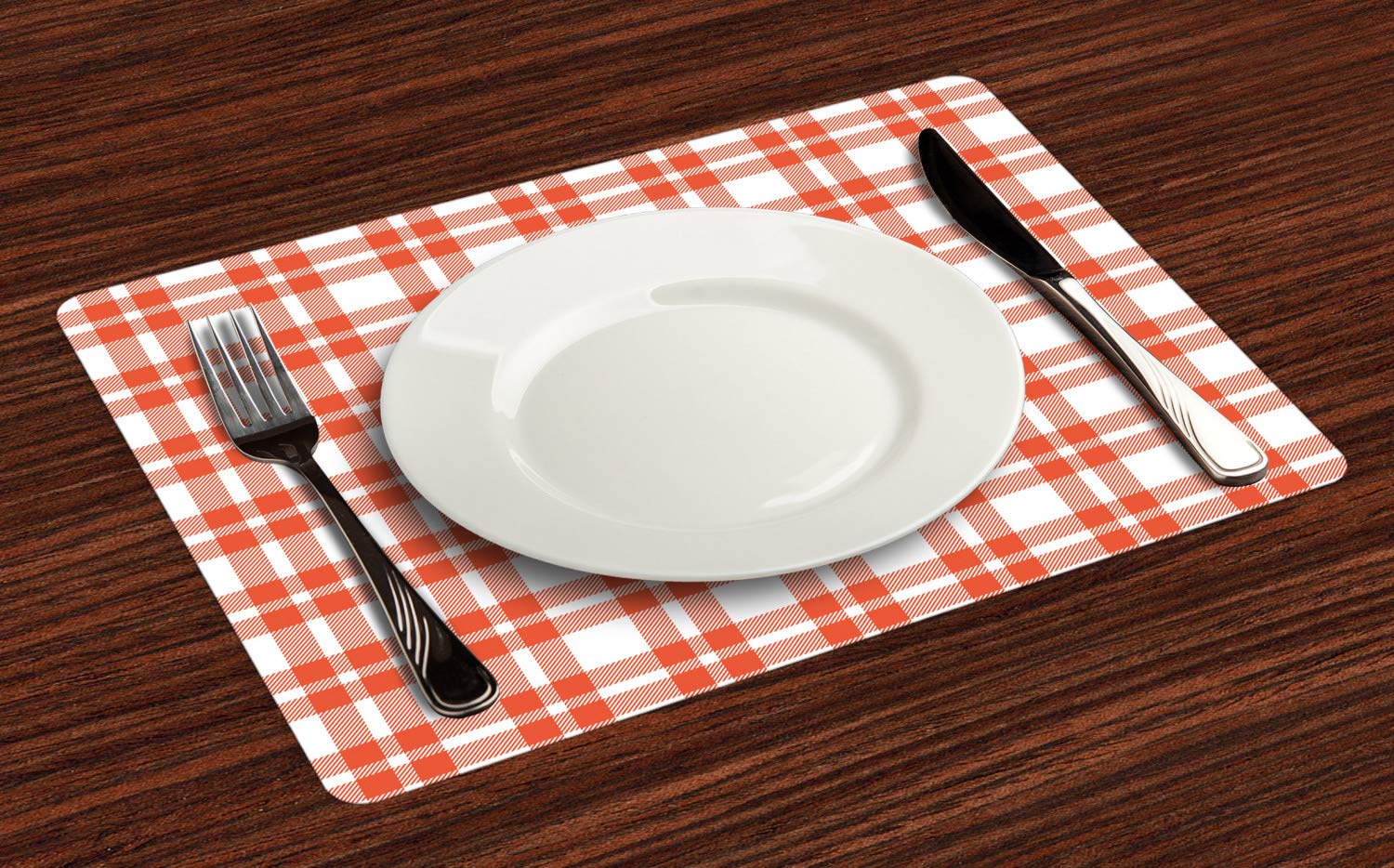 Ambesonne 4-Piece Plaid Placemats Set - Retro Modern Checkered & Striped Abstract Design - Washable Fabric Table Mats for Dining Room & Kitchen Decor (Orange/White) - Perfect for Holiday Dinners, Brunch & Everyday Use