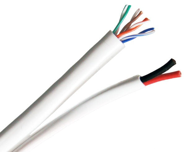 High-Quality CAT5E 24AWG UTP Solid + 18AWG 2/C Bundled Cable for CCTV Over IP - 1000ft White Spool - Perfect for Security Systems & Network Installations