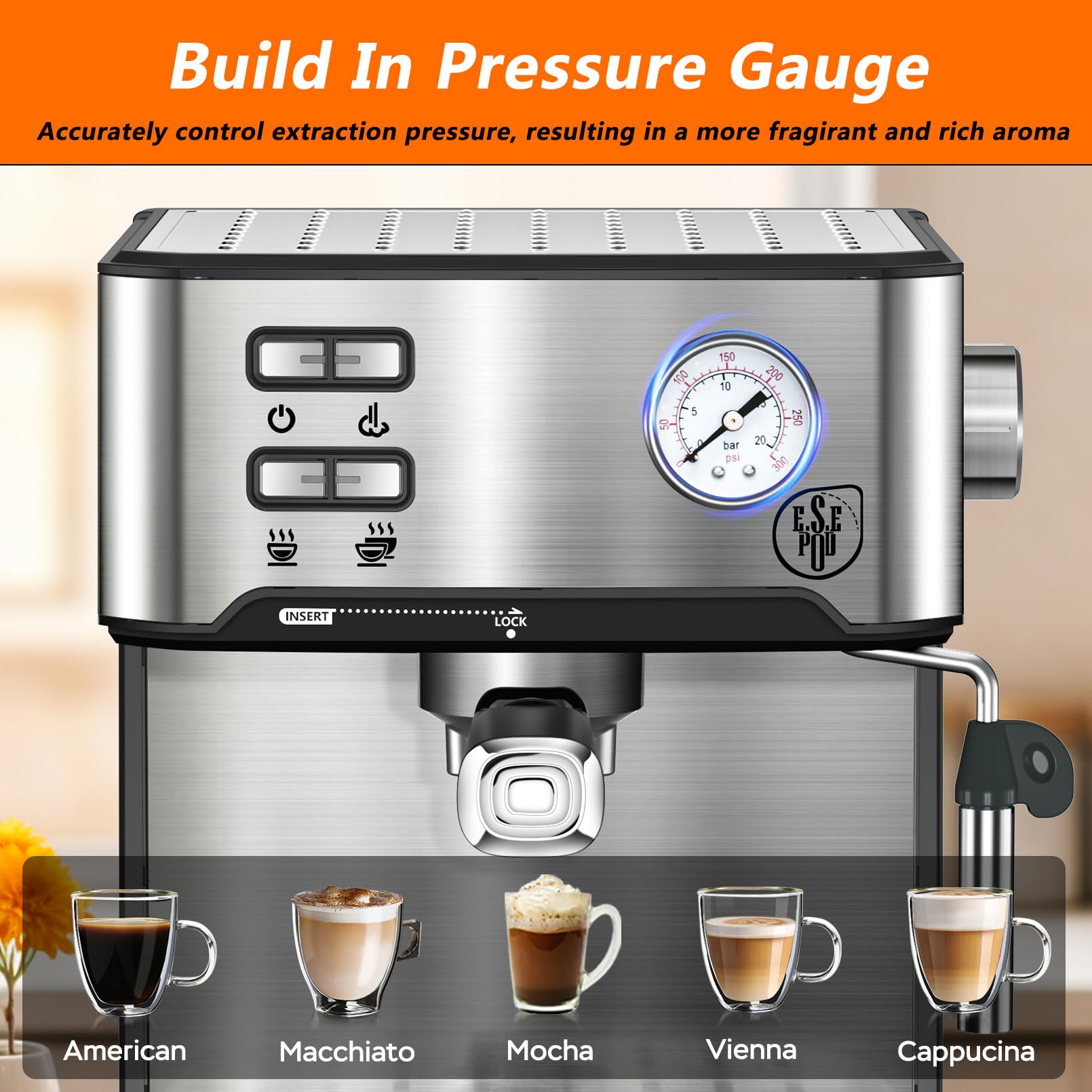 PlumChef 20 Bar Professional Espresso Machine with Milk Frother - Compact Home Coffee Maker, 54oz Water Tank, Pressure Gauge & Steam Wand - Quiet & Fast for Cappuccino, Latte - Perfect for Home Baristas & Coffee Lovers