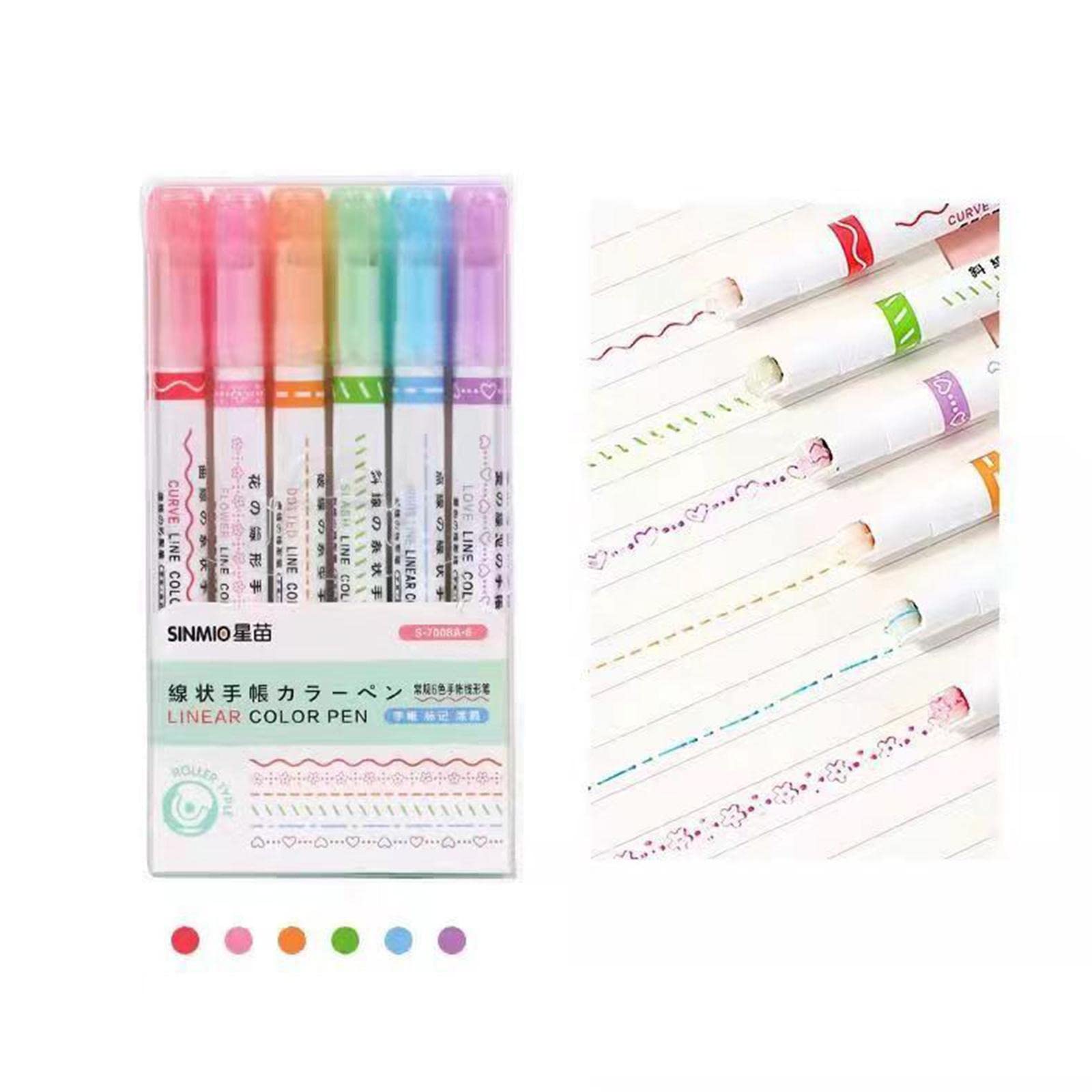 NORK 6-Piece Curved Highlighter Pen Set - Assorted Colors with 6 Unique Fine Tip Patterns, Quick-Dry Fluorescent Markers for Note Taking, Bible Journaling & Study Highlighting | Perfect for Students, Office & Art Projects
