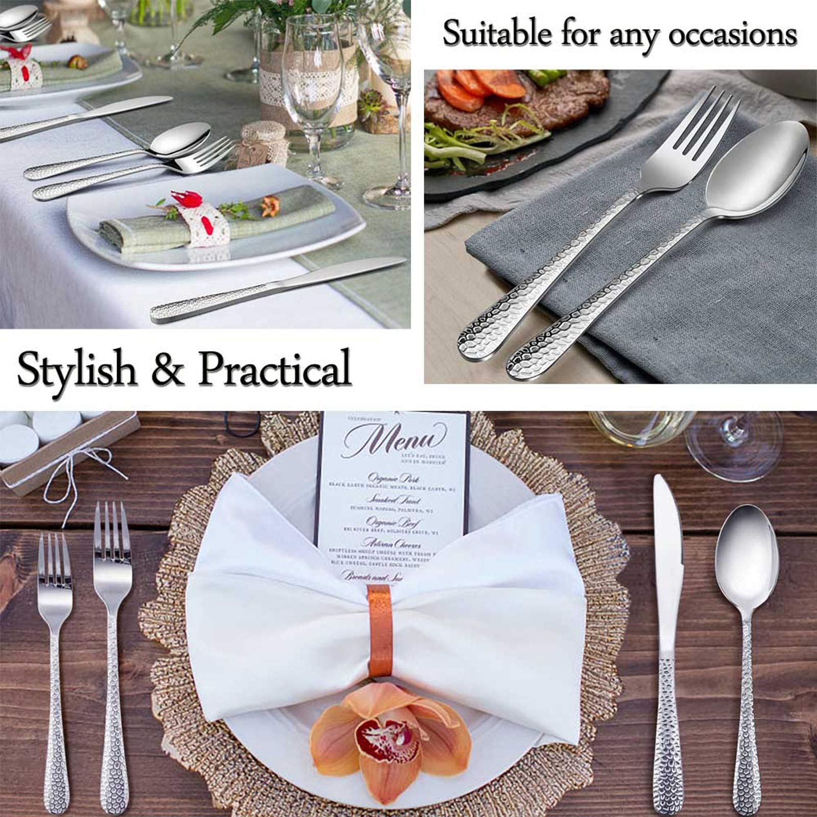 Hammered Silverware Set for 4 - E-far 20-Piece Stainless Steel Flatware Cutlery Set with Knives, Forks, Spoons - Modern Mirror Polished Design - Dishwasher Safe - Perfect for Dinner Parties, Weddings & Everyday Dining