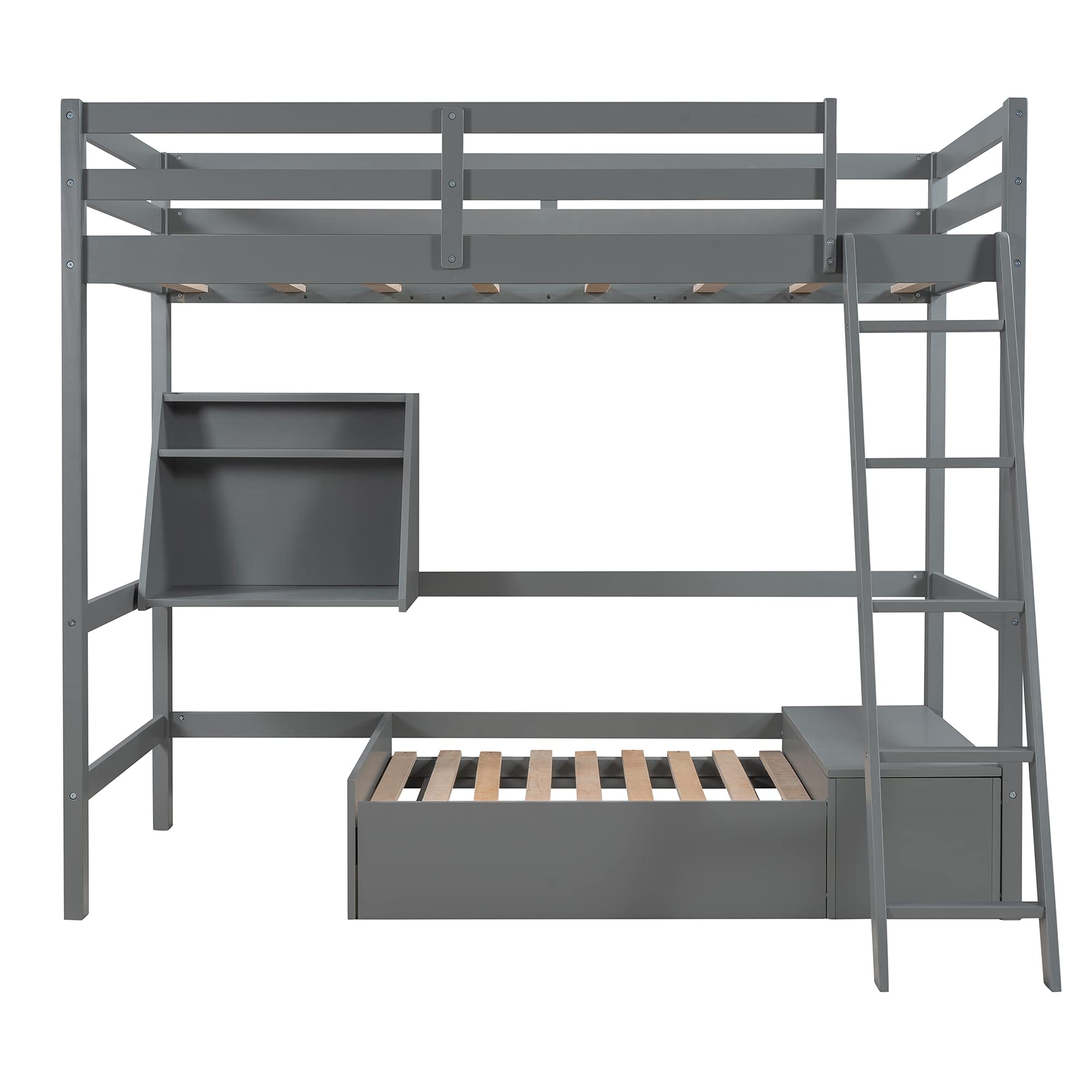 Twin Size Loft Bed with Convertible Lower Bed - Wooden Bunk Bed with Storage Drawer & Shelf, Space-Saving Gray Bedroom Furniture for Kids, Teens & Small Rooms