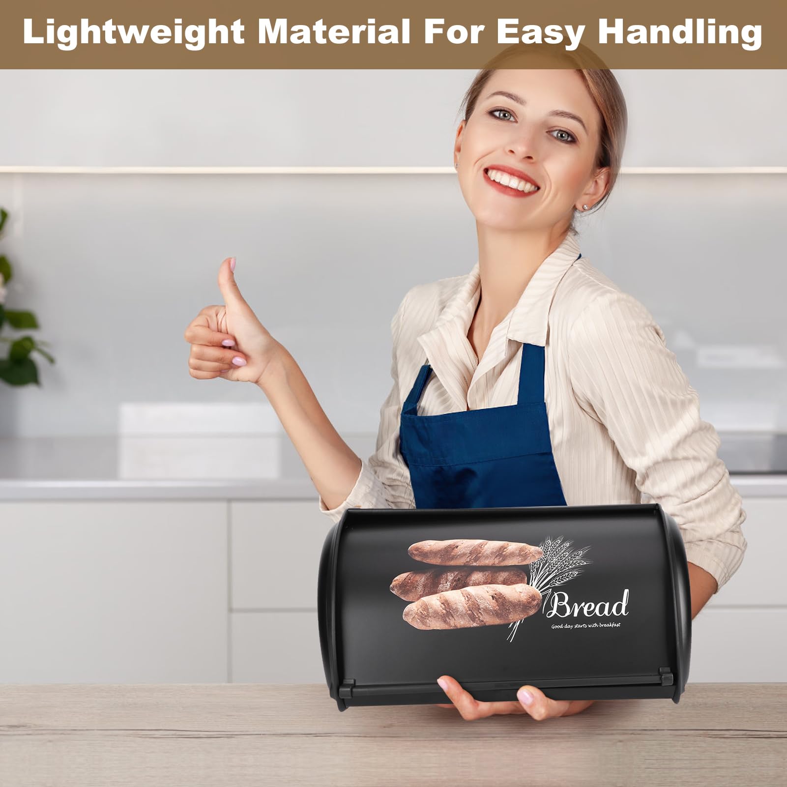Fingerprint Proof Stainless Steel Bread Box with Roll Up Lid - 15 x 10 x 6 Inches Kitchen Counter Bread Storage Container (Black) | Perfect for Fresh Bread Storage, Countertop Organization & Modern Kitchen Decor