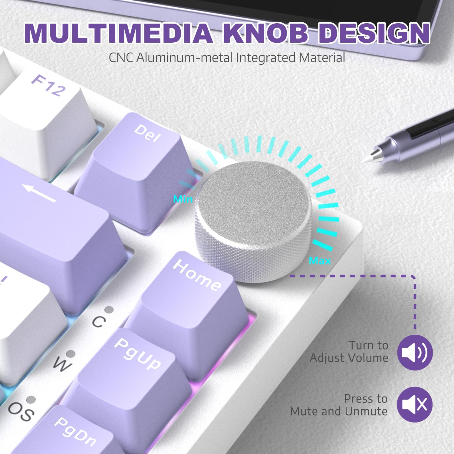 AJAZZ AK820 75% TKL Wired Mechanical Keyboard - Hot-Swap Linear Switches, Gasket Mount, RGB Backlit, 82 Keys with CNC Volume Knob, Poron Foam, OEM PBT Keycaps for PC/Win/MAC (Purple) - Perfect for Gaming, Typing & Office Work