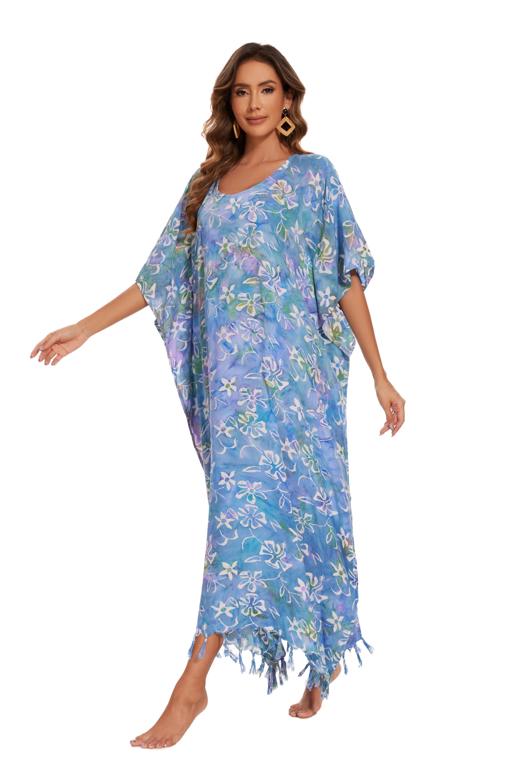 Beautybatik Moss Green Women's Hand Blocked Batik Rayon Caftan - Boho Maxi Dress for Plus Size (XL to 4X) | Perfect for Beach Cover-Up, Summer Loungewear & Vacation Outfits