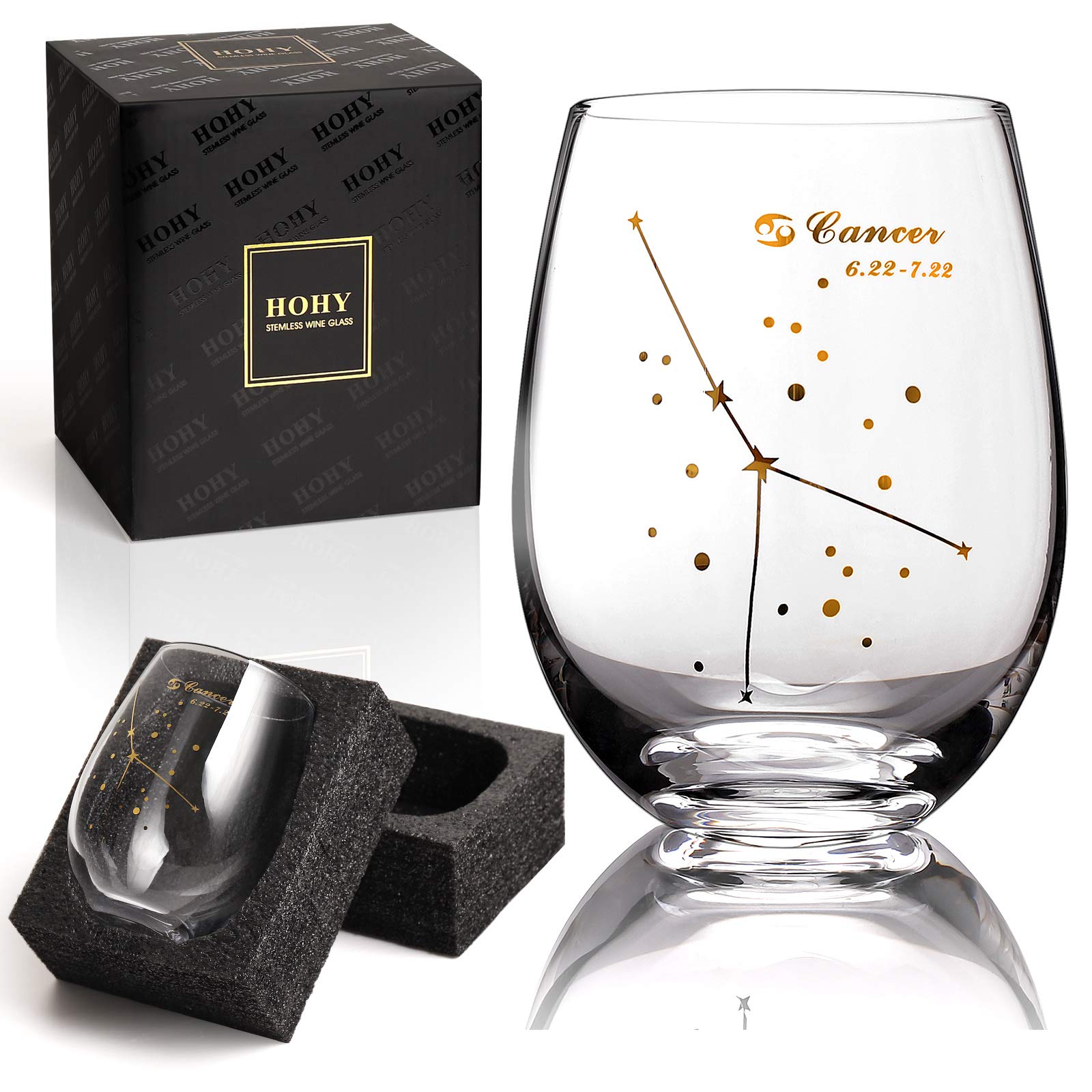 HOHY 20 Oz Stemless Wine Glass with Cancer Constellation Design - Golden Zodiac Gift for Women, June Birthday Present - Perfect for Wine Tasting, Parties, and Astrology Lovers