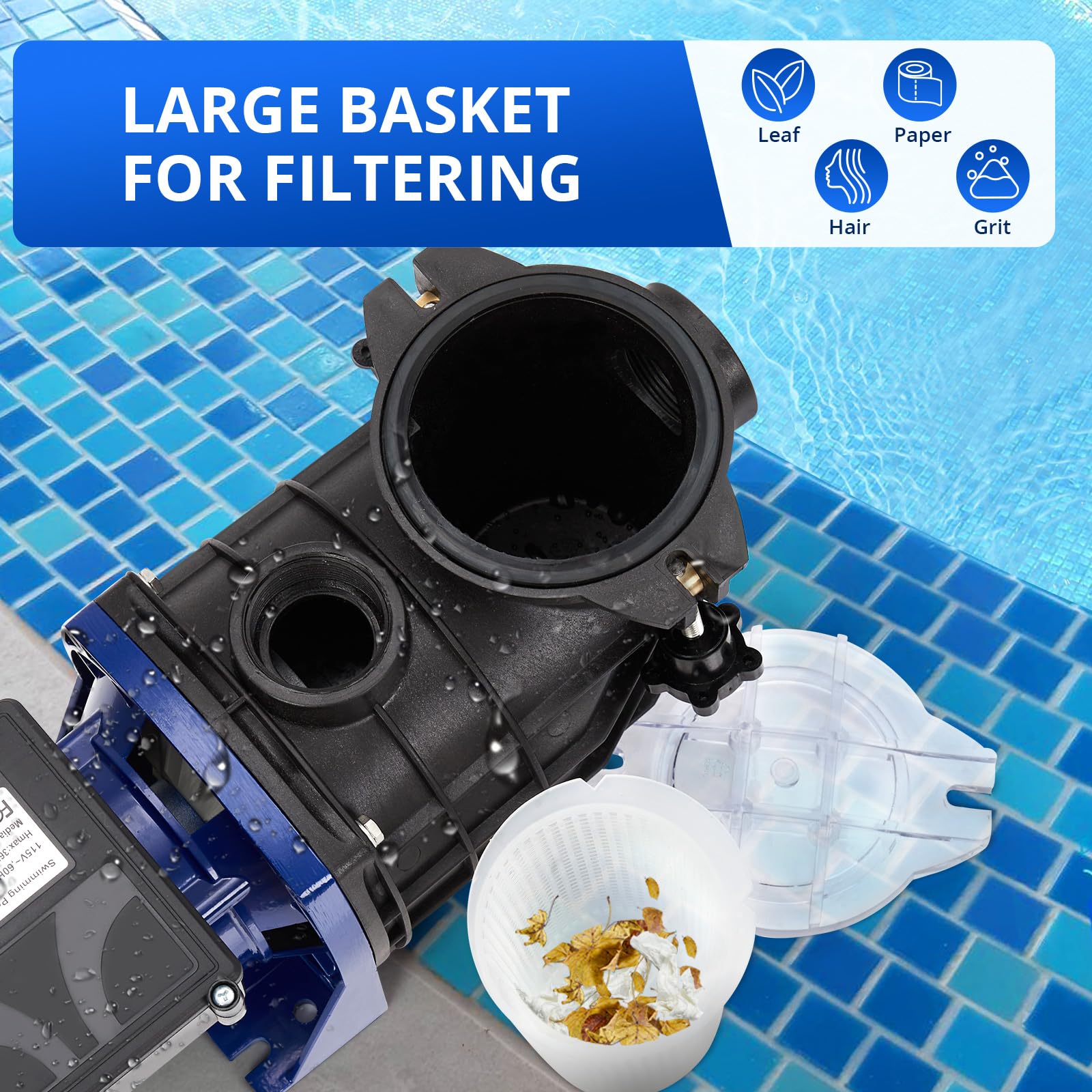 0.75HP Pool Pump for In-Ground & Above Ground Pools - 550W/115V, 2641GPH High Flow, Self-Priming Swimming Pool Water Pump with Filter Basket - Low Noise, Energy Efficient - Perfect for Backyard, Residential & Commercial Pool Maintenance