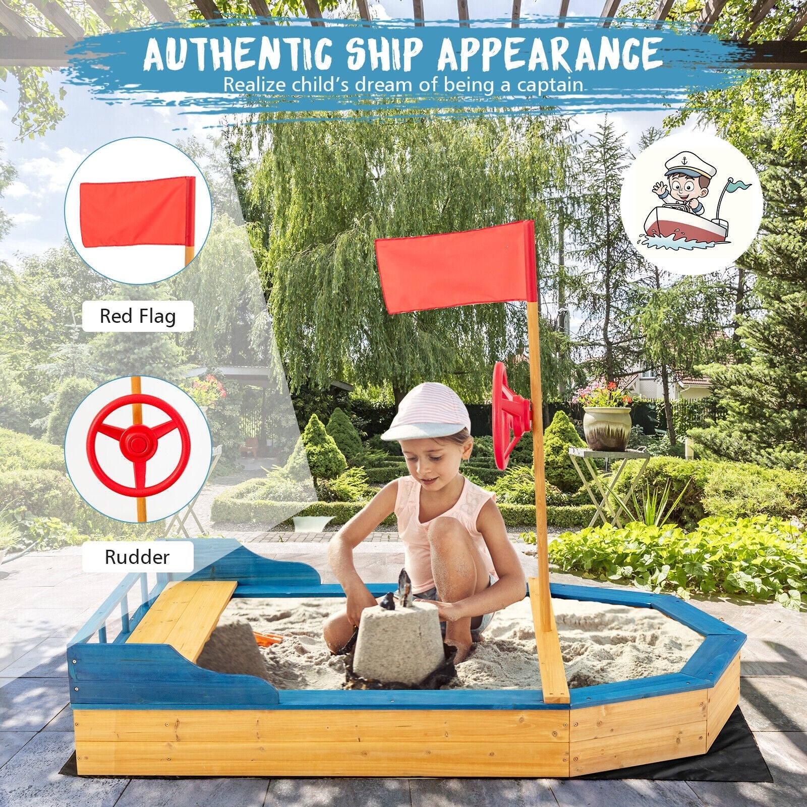 Kids' Pirate Boat Sandbox with Flag & Rudder - Outdoor Play Sandbox for Backyard, Beach & Garden Adventures