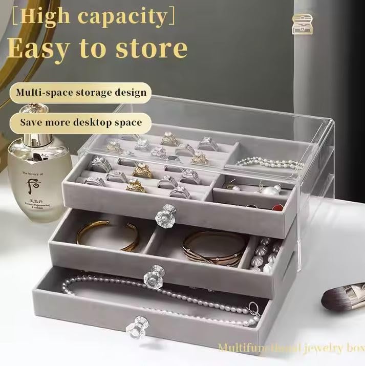 Seadra 3-Layer Velvet Jewelry Storage Box with Glass Cover - Gray Jewelry Organizer Case for Rings, Earrings & Necklaces - Perfect for Travel, Home Display & Gift Giving