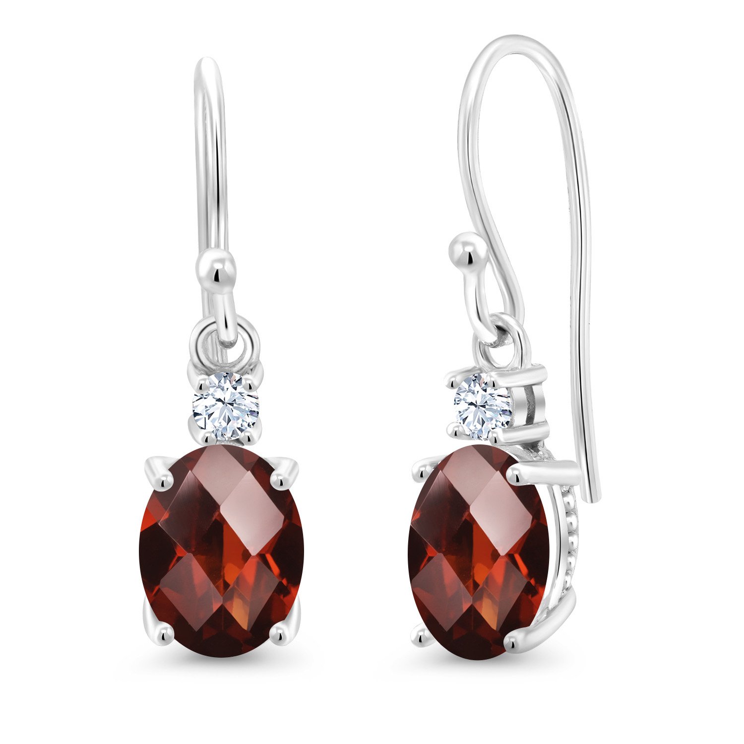 10K White Gold Red Garnet & White Sapphire Dangle Earrings for Women | 2.90cttw Oval Birthstone Jewelry (8x6mm) | Perfect for Valentine's Day, Anniversary Gifts & Evening Parties