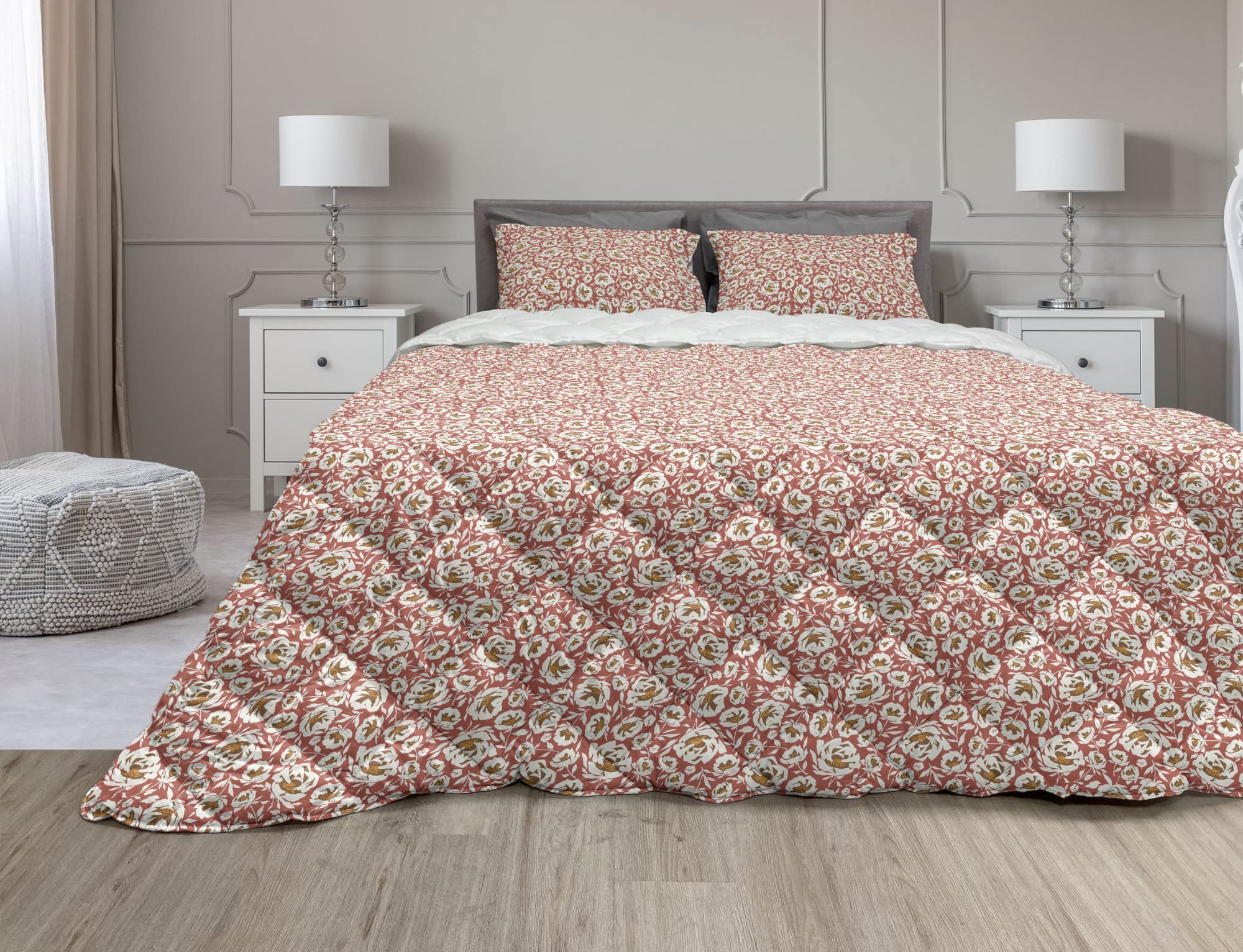 Ambesonne Floral Comforter Set with Shams - 3 Piece Microfiber Duvet Cover in Warm Autumnal Tones & Spring Blossom Design, Full Size, Caramel Dark Salmon - Perfect for Cozy Bedroom Decor & Seasonal Home Styling