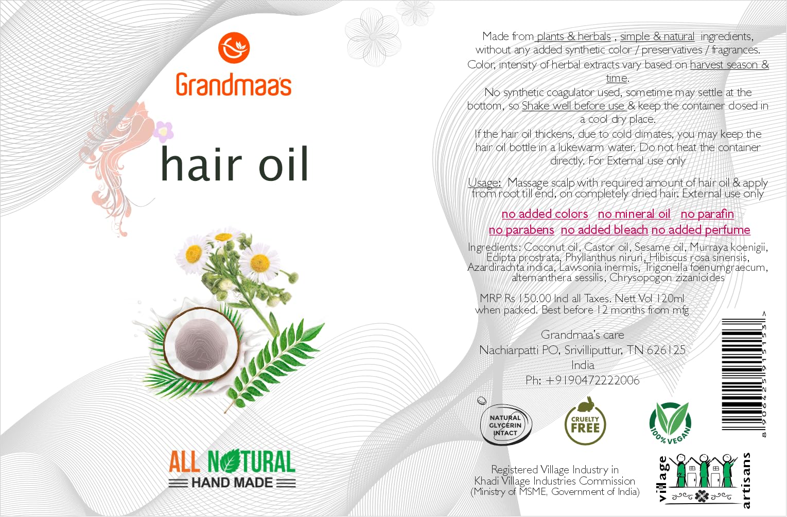 Grandmaas All Natural Handmade Herbal Hair Oil for Hair Growth & Hair Fall Control - Coconut Oil, Sesame, Bhringaraj & Hibiscus Infused Treatment for Women & Men (120ml) | Promotes Stronger, Healthier Hair for Daily Care & Scalp Massage