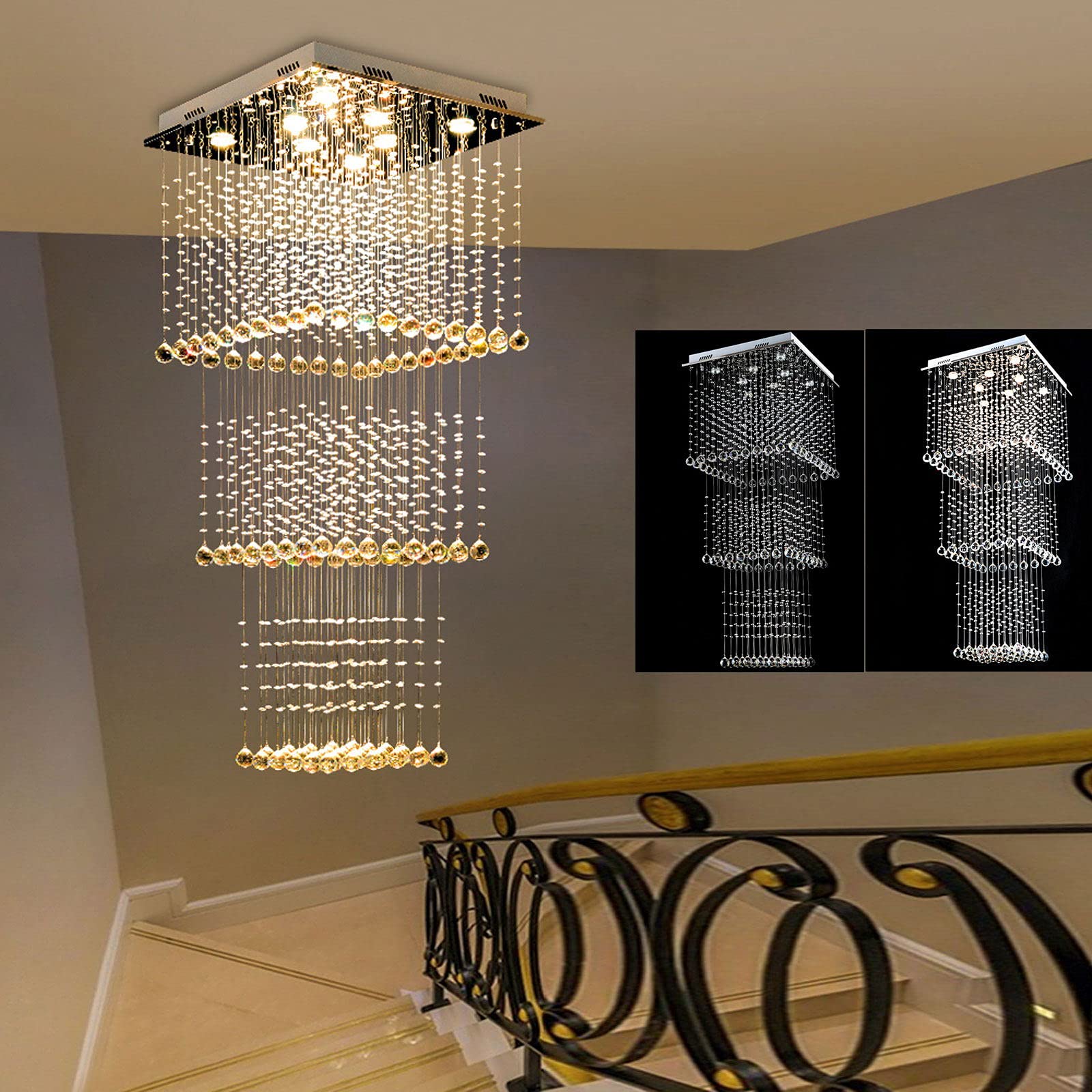Modern K9 Crystal Raindrop Chandelier Lighting - 3-Layer Flush Mount LED Ceiling Light Fixture with 8 GU10 Bulbs Included (23.6