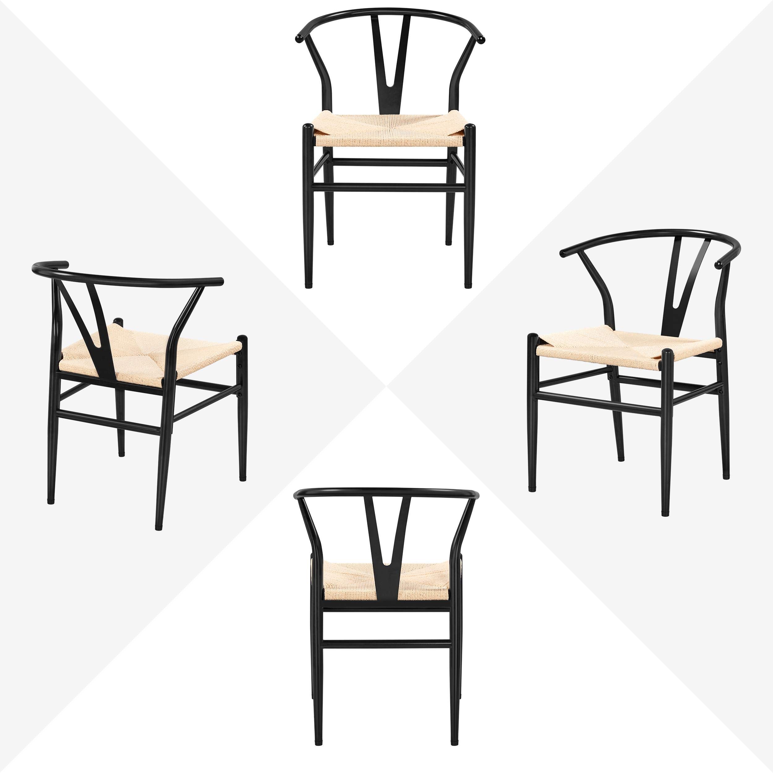 Yaheetech 6-Piece Mid-Century Modern Dining Chair Set - Black Metal Frame with Y-Shaped Backrest & Woven Hemp Seat - Perfect for Kitchen, Dining Room, Patio or Outdoor Entertaining (3 Packages/6 Chairs)