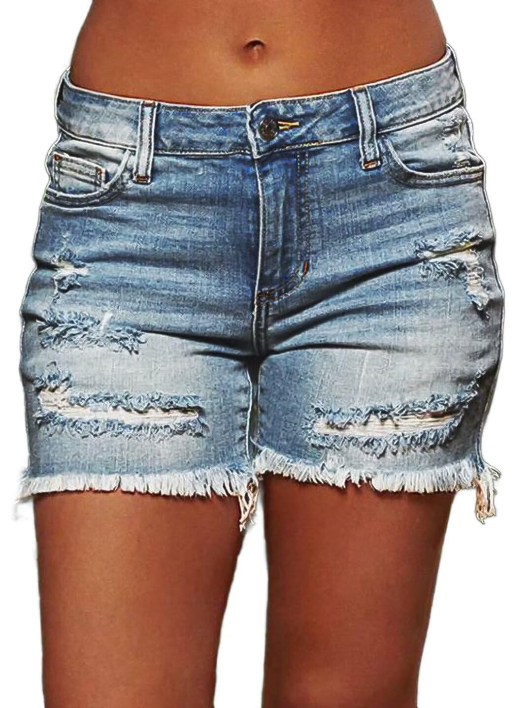 Flamingals Women's Ripped Stretch Denim Shorts - Mid Waist Raw Hem Distressed Jean Shorts | Trendy Casual Summer Outfits, Beach Wear & Street Style Fashion