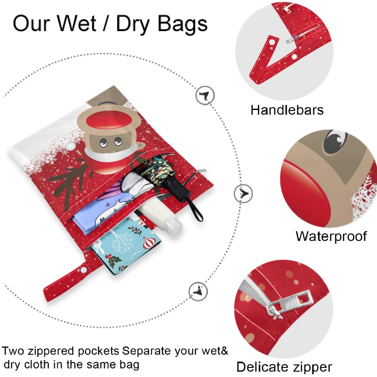 Visesunny Reindeer Red Santa Claus Hat Snowflake Wet Bag - 2PCS with Zippered Pockets & Snap Handle, Washable & Reusable for Travel, Beach, Pool, Daycare | Perfect for Holiday Outfits, Baby Essentials, Gym Clothes & Swimwear Storage