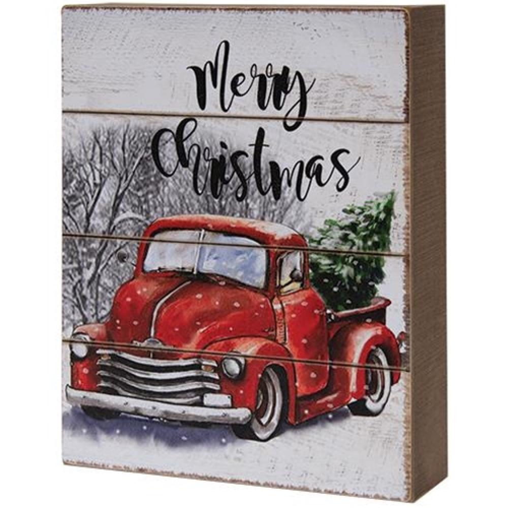 Vintage Red Christmas Truck Wooden Box Sign - Rustic Holiday Home Decor for Wall, Shelf, or Mantel - Perfect for Farmhouse, Living Room, and Christmas Party Decorations