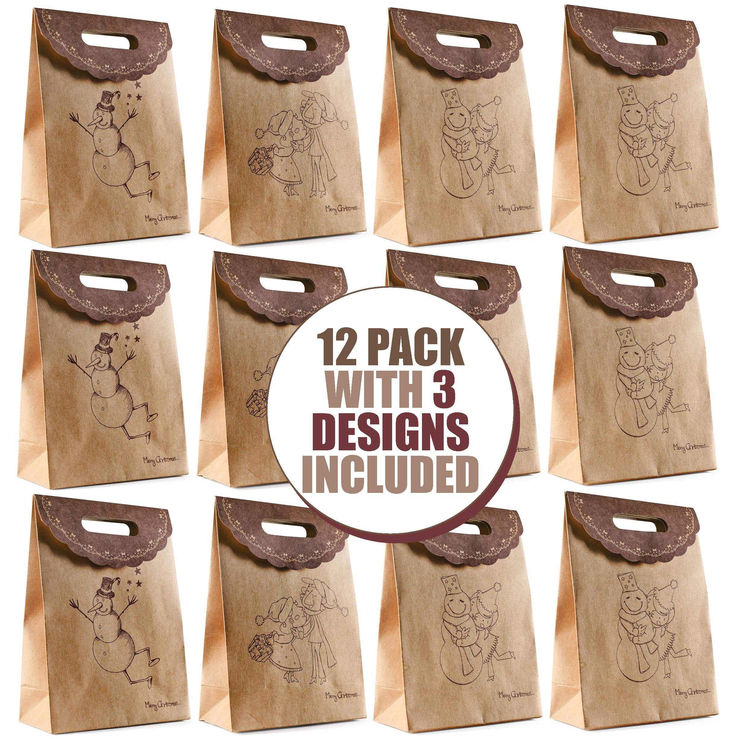 Prextex Christmas Gift Bags 12 Pack - Large Kraft Bags for Holiday Gifts & Treats - Perfect for Christmas Cookies & Party Favors