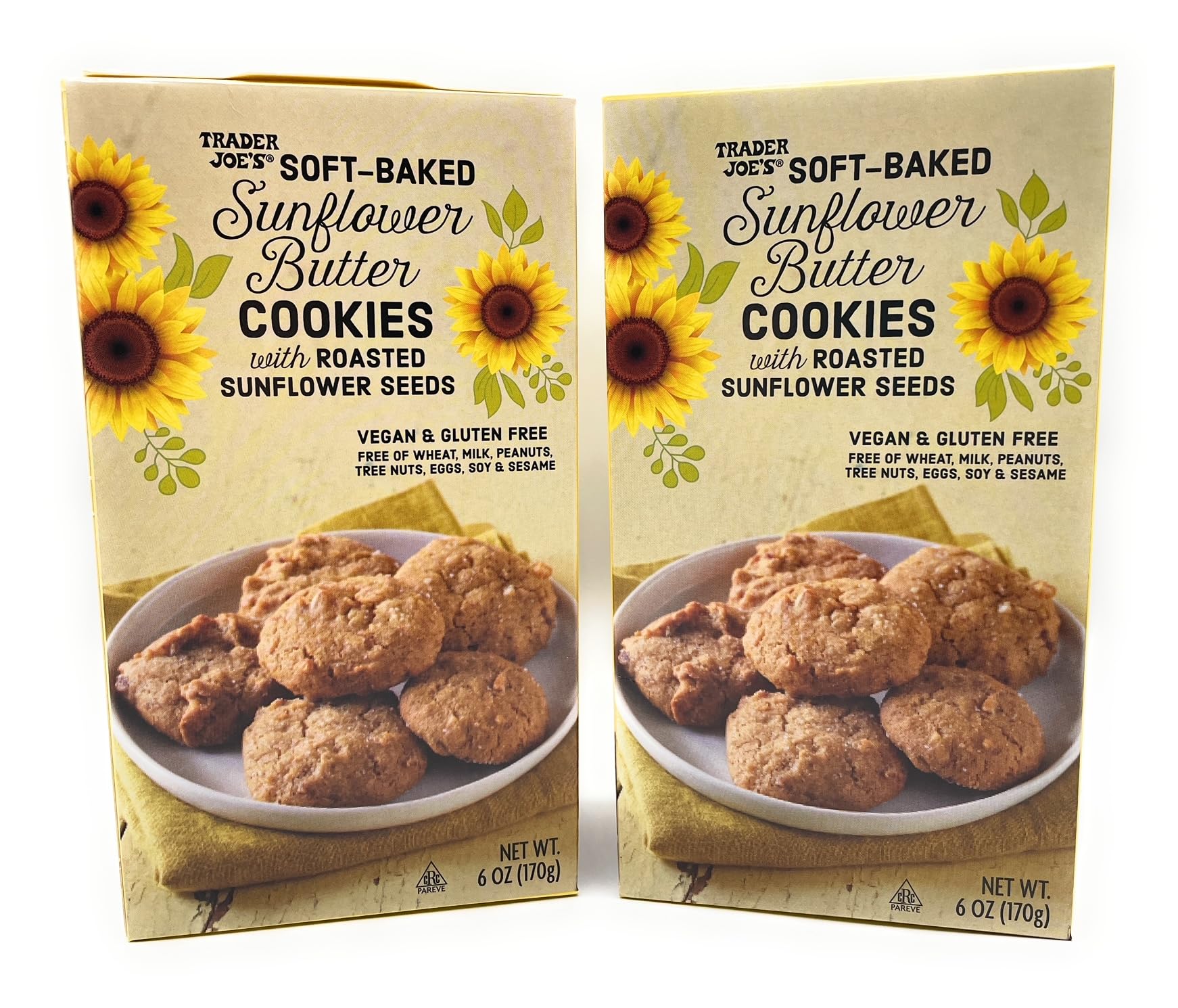 Trader Joe's Gluten Free Sunflower Butter Cookies with Roasted Sunflower Seeds - Soft Baked, 6oz (170g) Pack of 2 - Healthy Snacks for Kids Lunch Box, Vegan Treats & Allergy-Friendly Desserts