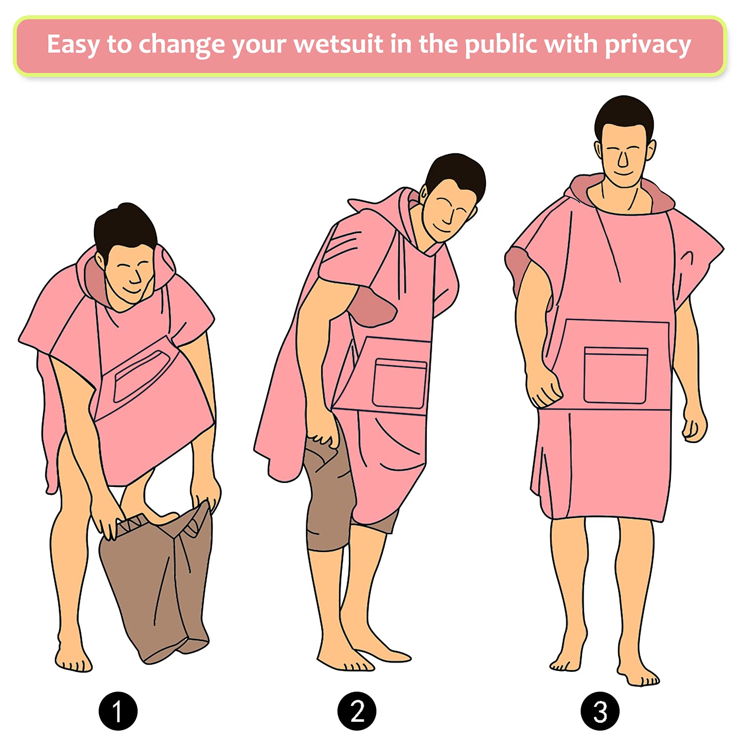 Tirrinia Surf Beach Changing Towel with Hood - Super Absorbent Microfiber Swim Robe Poncho for Men & Women - Quick Dry Bath Shower Pool Cover-Up - Perfect for Beach, Swimming, Surfing & Travel (Pink)