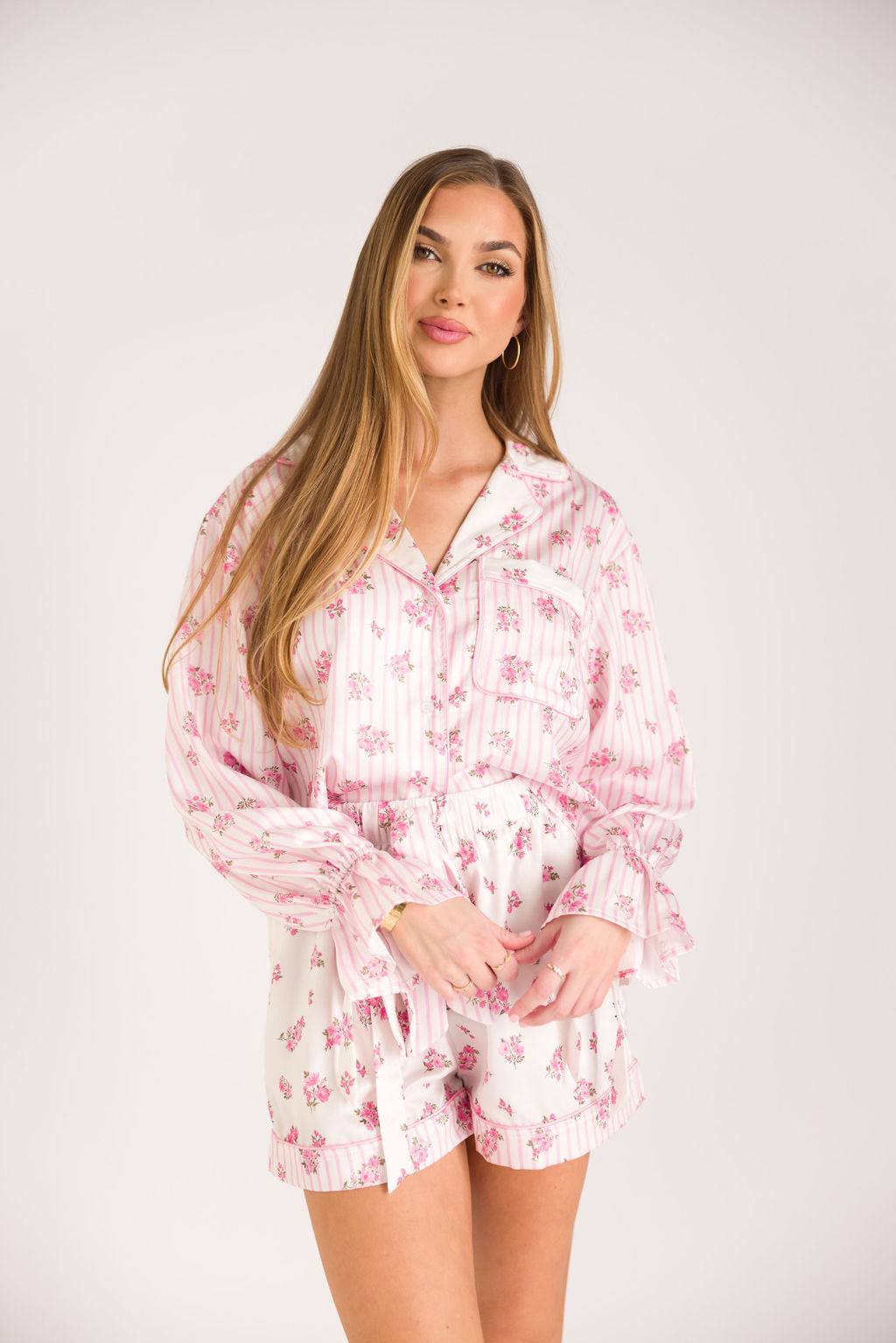 Lottie Women's Satin Pajama Set - Floral & Striped Sleepwear in White & Pink | Soft & Comfortable Nightwear for Relaxation & Lounging at Home