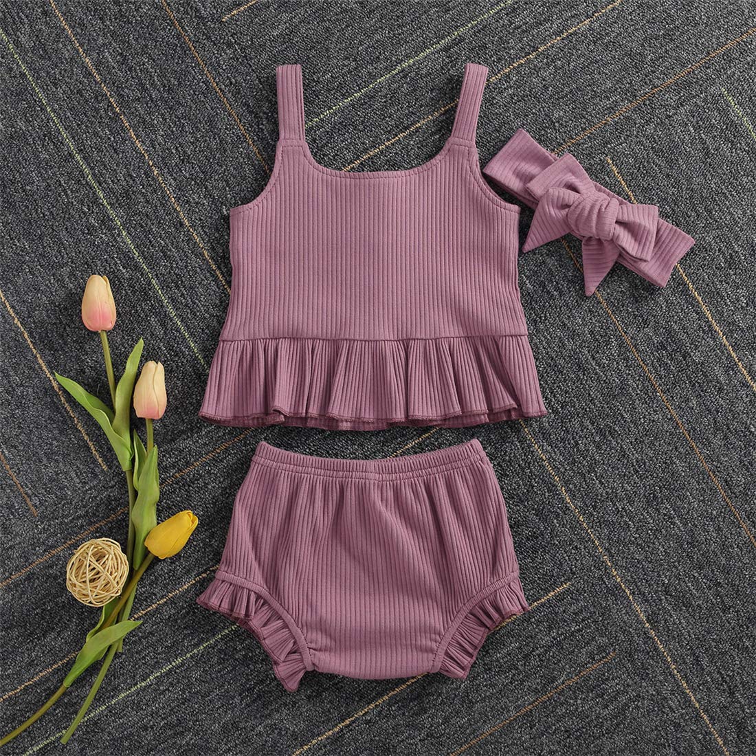 Newborn Baby Girl Summer Outfit Set - Knitted Suspender Dress, Ruffle Top & Shorts | Cute Solid Color Infant Clothes for Photoshoots, Parties & Daily Wear