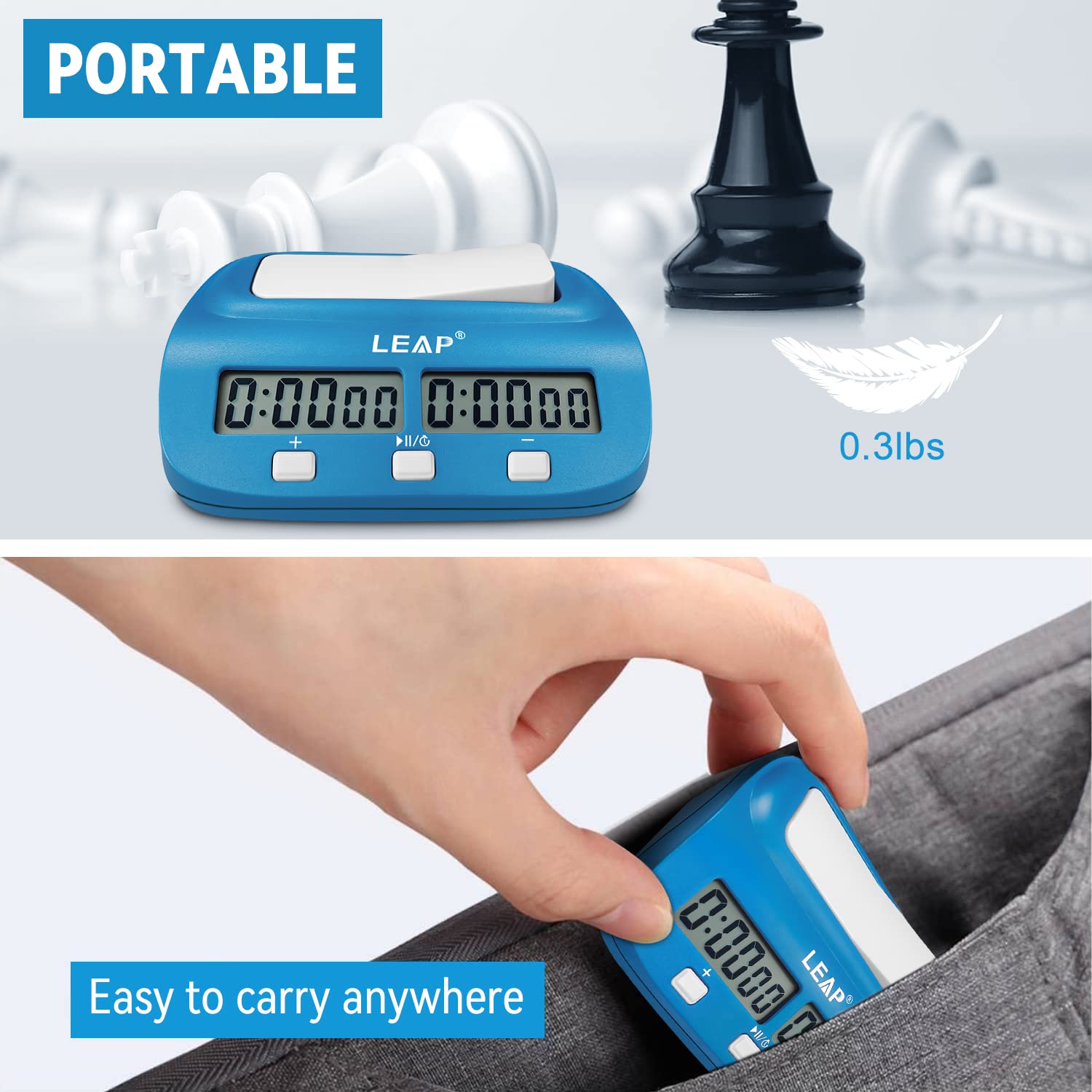 LEAP Digital Chess Clock Timer with Bonus & Delay Time Features - Professional Chess Timer for Chess, Go, Chinese Chess (Blue) - Perfect for Tournaments, Clubs & Home Games