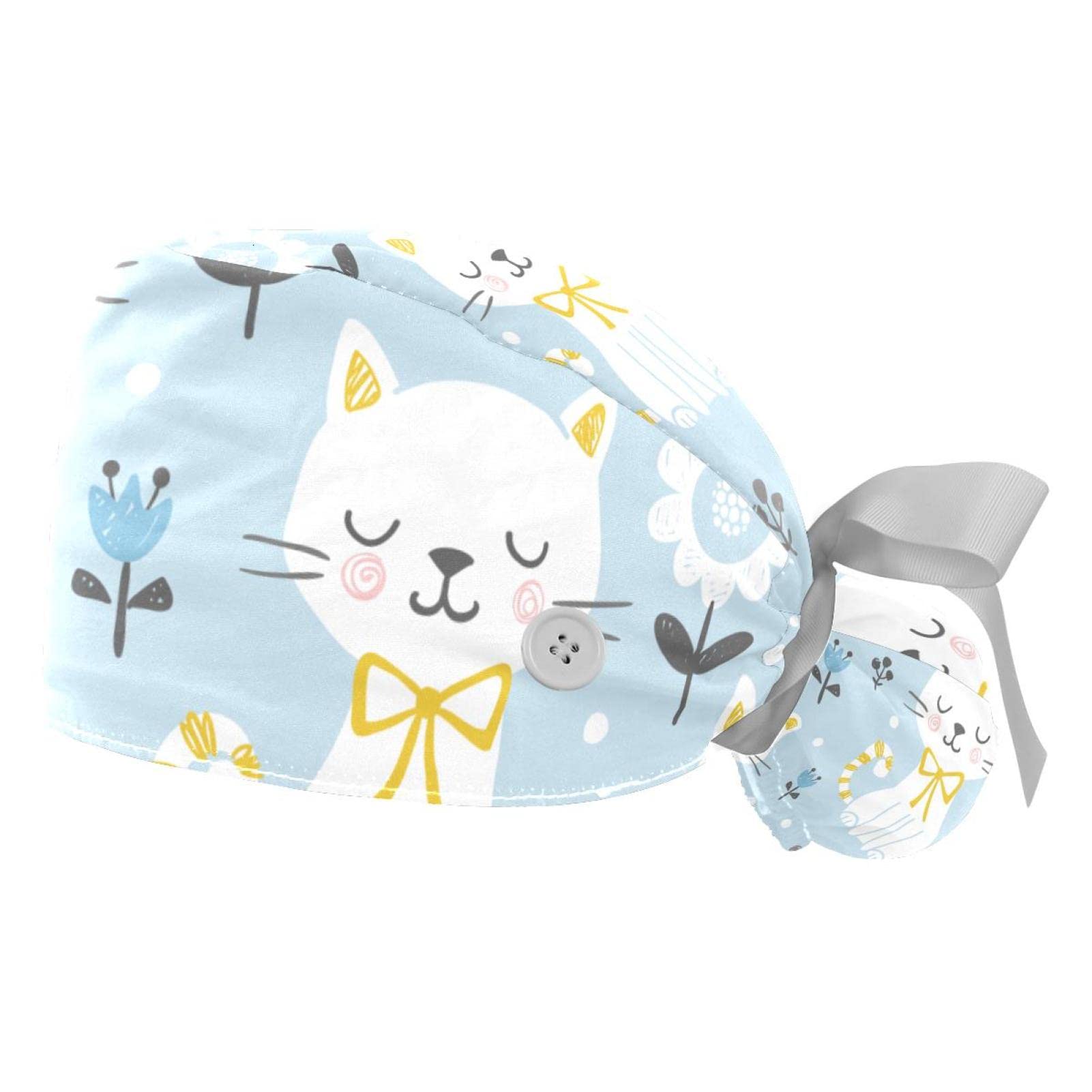 Cat Princess Heart Scrub Hats for Women & Men - 2 Pack Long Hair Surgical Caps with Button Closure & Sweatband - Unisex Tie Back Working Hats for Nurses, Doctors, Healthcare Professionals - Perfect for Hospitals, Clinics & Medical Work Environments