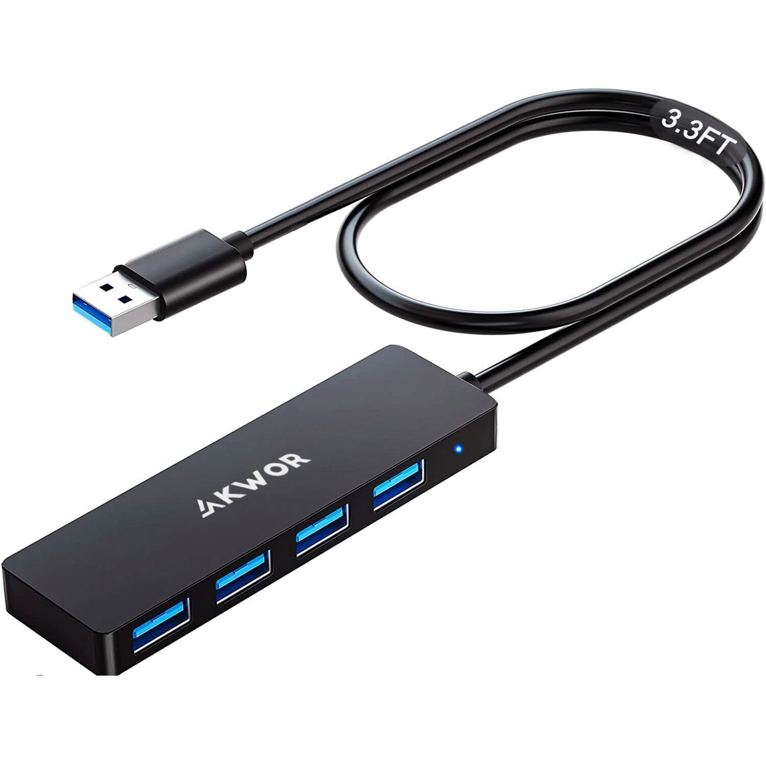 AKWOR 4-Port USB 3.0 Hub with 3.3FT Cable - High Speed Data Transfer for Laptop, PC, Xbox, PS5, Printer & External Hard Drives - Perfect for Home Office, Gaming & Multimedia Setup