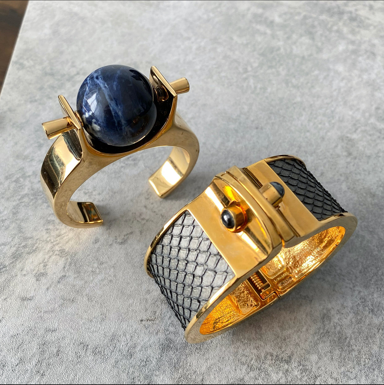 Chloe Architectural Cuff Bracelet with Genuine Lapis Lazuli Stone - Elegant Statement Jewelry for Women, Perfect for Evening Parties & Special Occasions