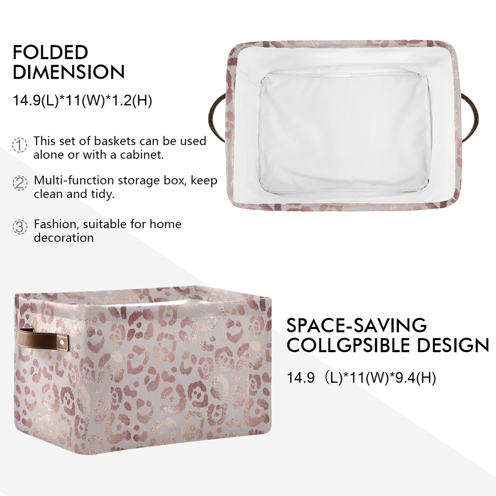 Golden Leopard Print Storage Basket Bin - Large Collapsible Canvas Cube Storage Box Organizer for Home, Office, Closet (2 Pack, 15
