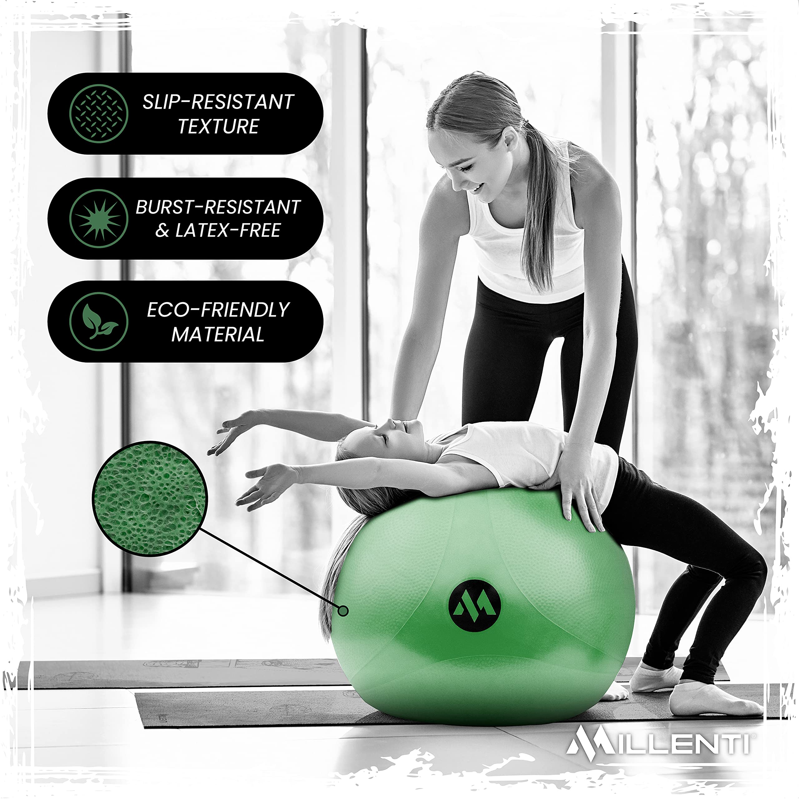 Millenti 65cm Exercise Ball Chair with Stability Base Ring Kit & Resistance Bands - Yoga, Pilates, Home Gym, Office Chair & Pregnancy Birthing Ball - Includes Workout Chart for Fitness & Posture Support