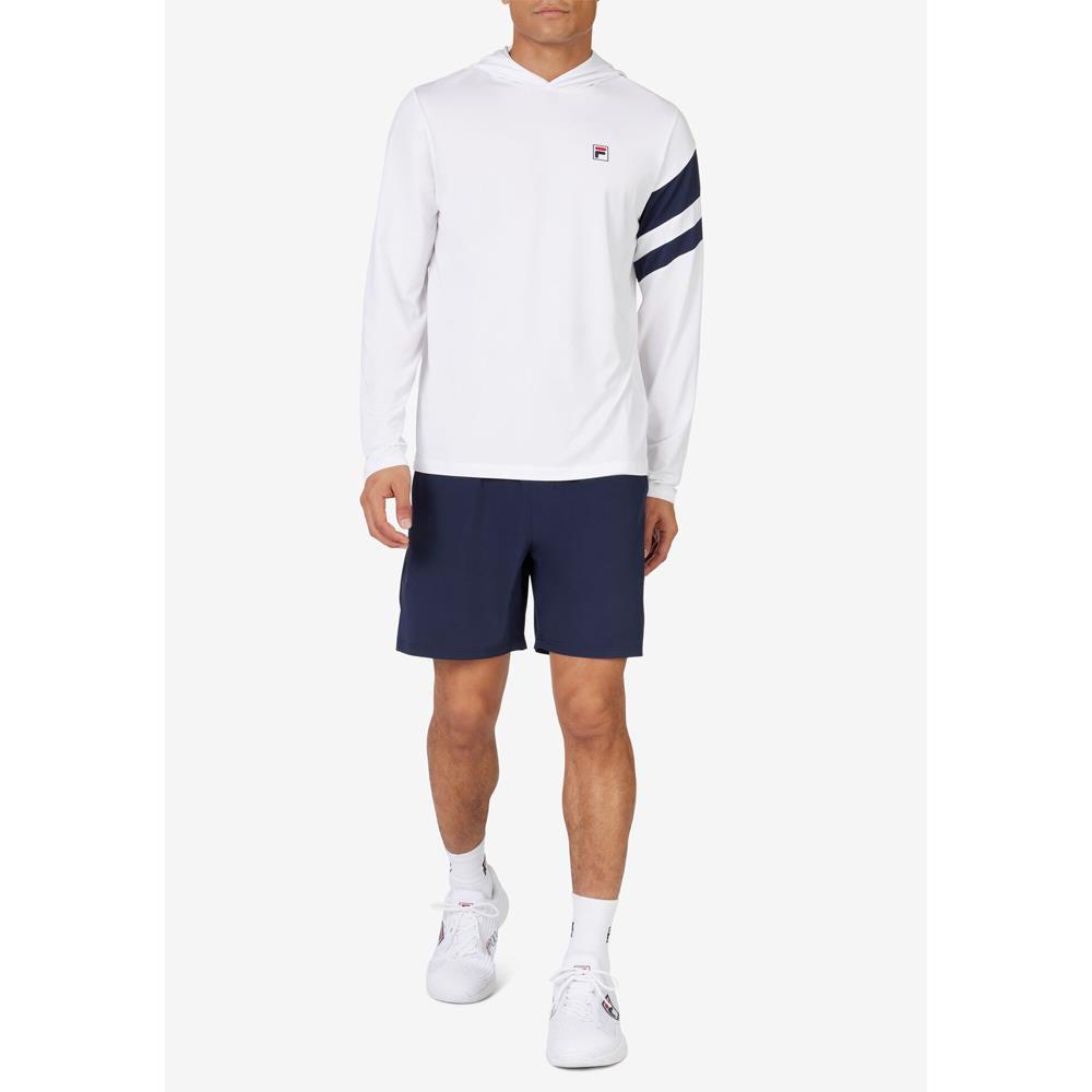 Fila Men's Essentials Long Sleeve Hoodie Sweatshirt - White/Navy Blue - Comfortable Casual Pullover for Gym, Running & Everyday Wear