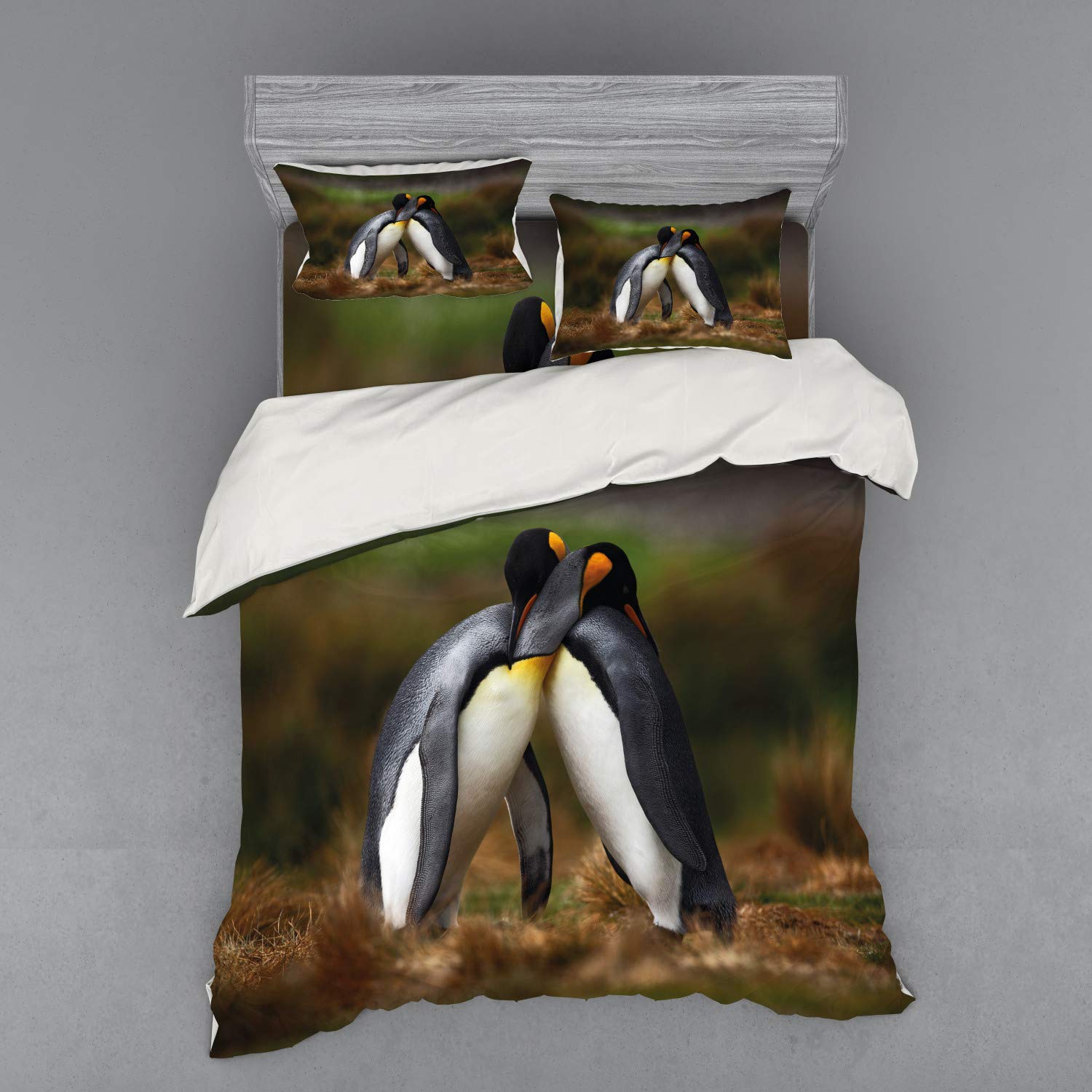 Ambesonne 4-Piece Queen Size Penguin Couple Duvet Cover Set with Shams & Fitted Sheet - Wild Nature Romance Falkland Islands Fauna Animal Bedding - Perfect for Cozy Winter Nights & Couples' Bedroom Decor