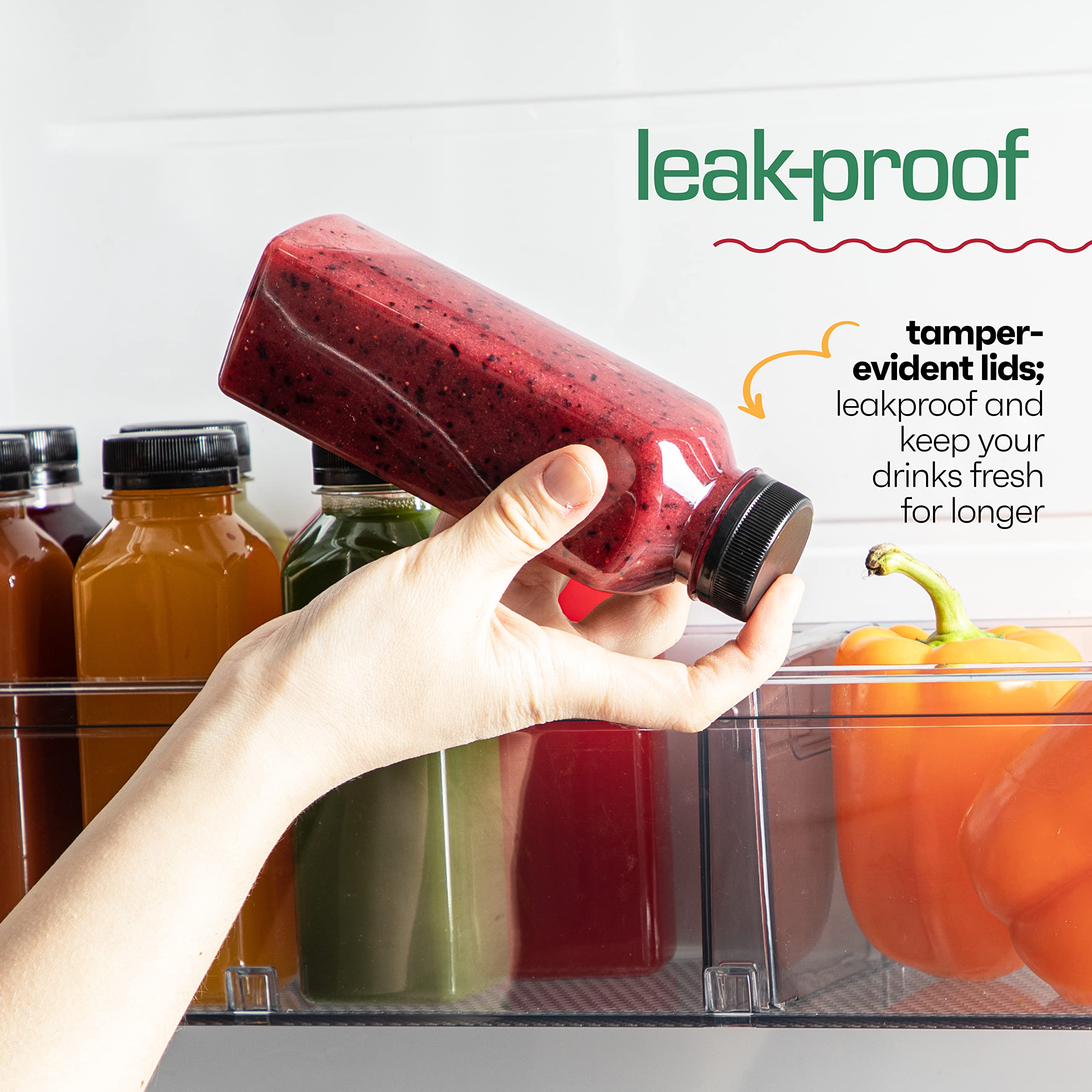 12oz 20pcs BPA-Free Juice Bottles with Tamper Evident Lids - Shatterproof, Leakproof & Recyclable Drink Containers for Juicing, Fridge Storage & Meal Prep - Made in USA Disposable Juice Bottles for Smoothies, Cold Brew & Healthy Snacks On-The-Go