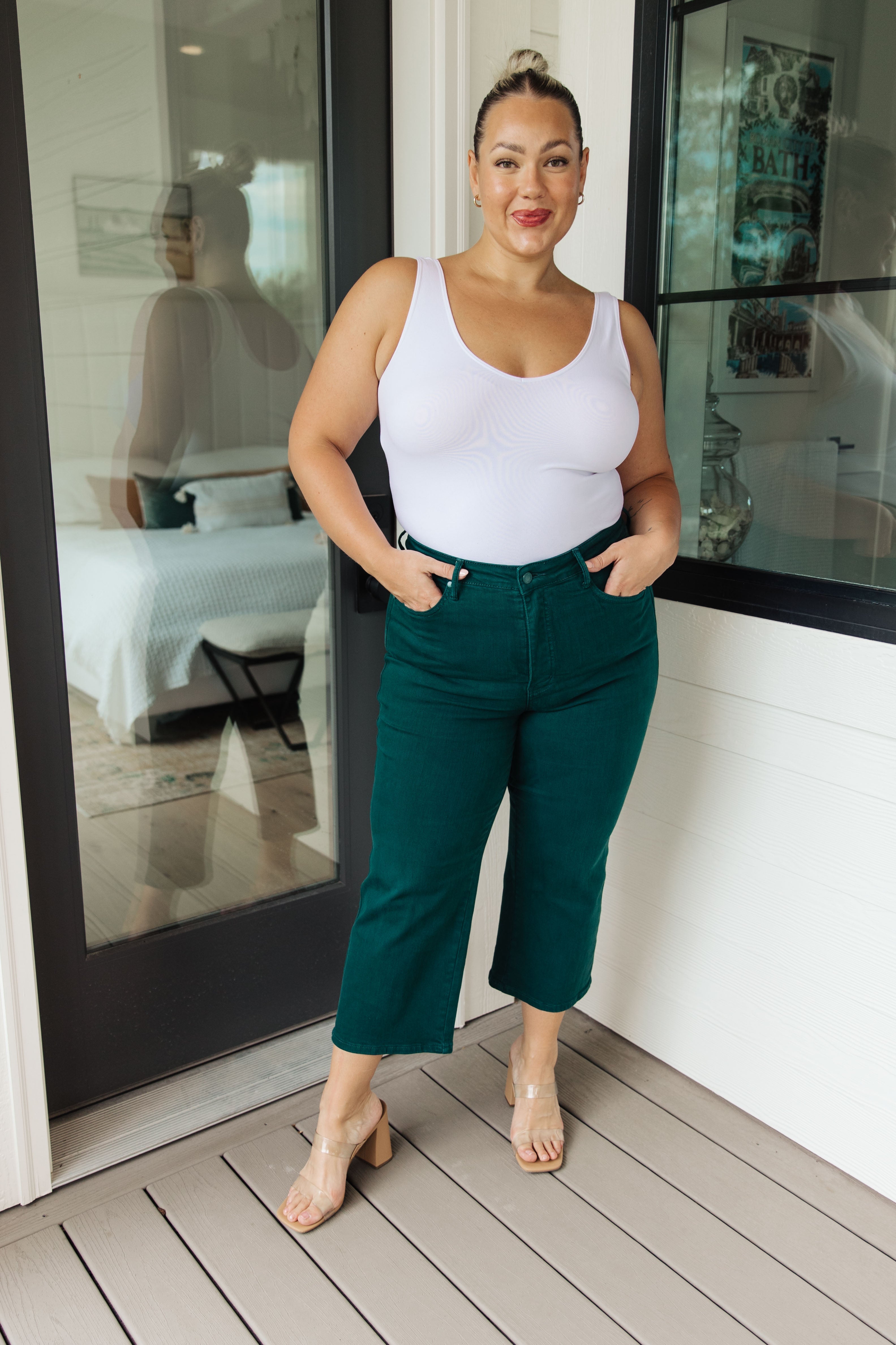 Briar High Rise Control Top Wide Leg Crop Jeans in Teal | Women's Fashion Stretch Denim Pants | Perfect for Casual Outfits & Streetwear Looks