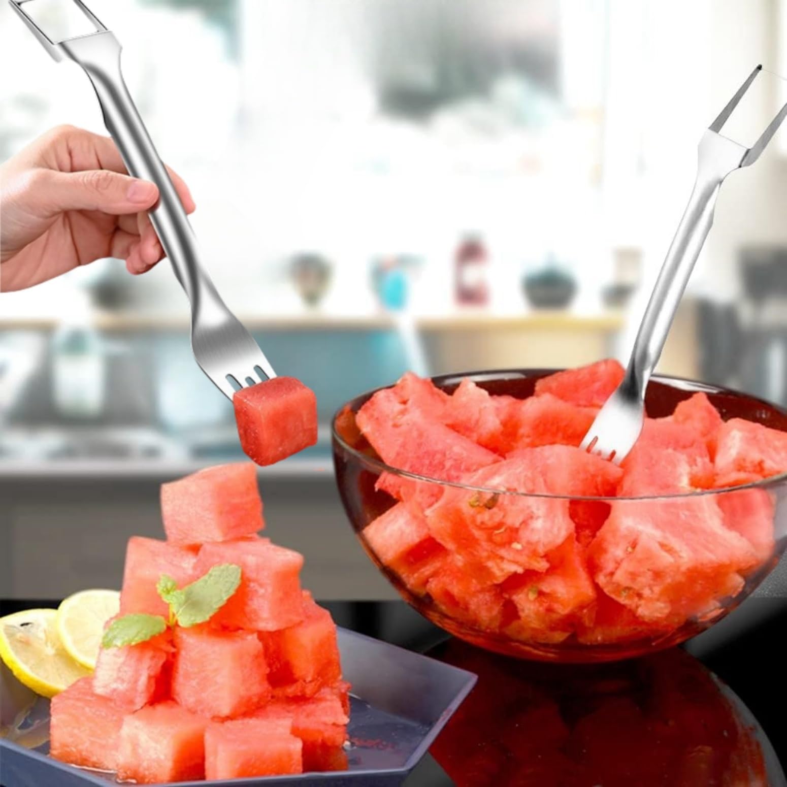 2024 New 2-in-1 Stainless Steel Watermelon Fork Slicer - Double Ended Fruit Cutter & Slicing Knife for Watermelon, Melon, Pineapple (1pc) - Perfect for BBQs, Picnics & Summer Parties