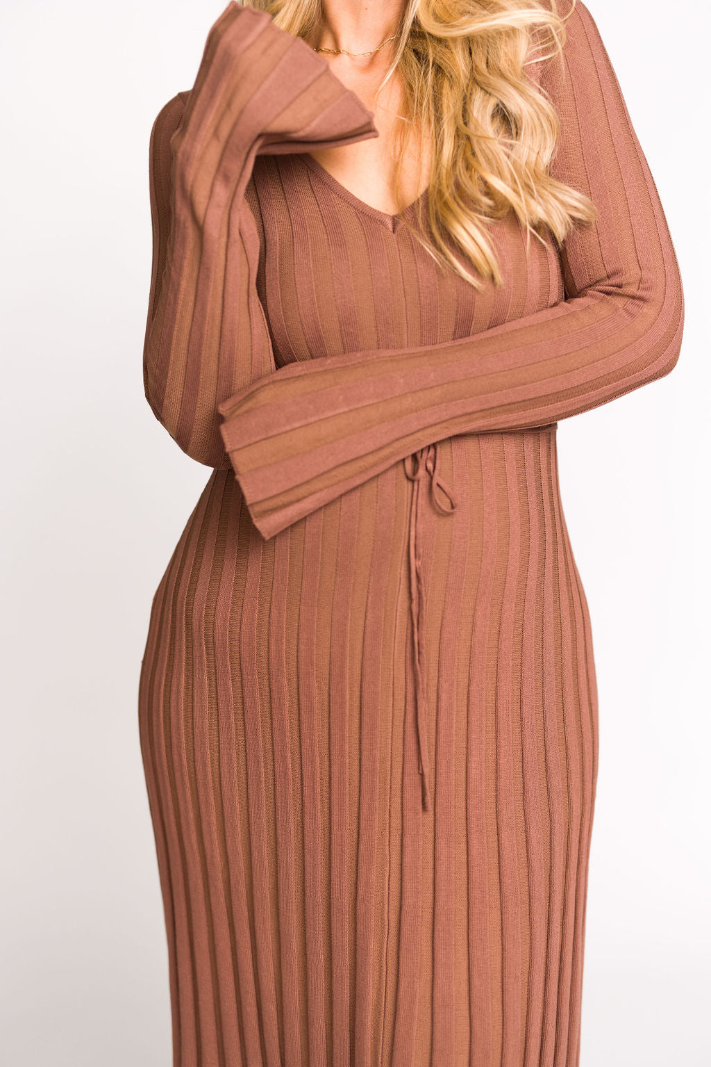 Hadley Long Sleeve V Neck Knit Maxi Dress in Cocoa - Women's Elegant Casual Maxi Dress for Fall & Winter | Perfect for Office, Date Night & Holiday Parties