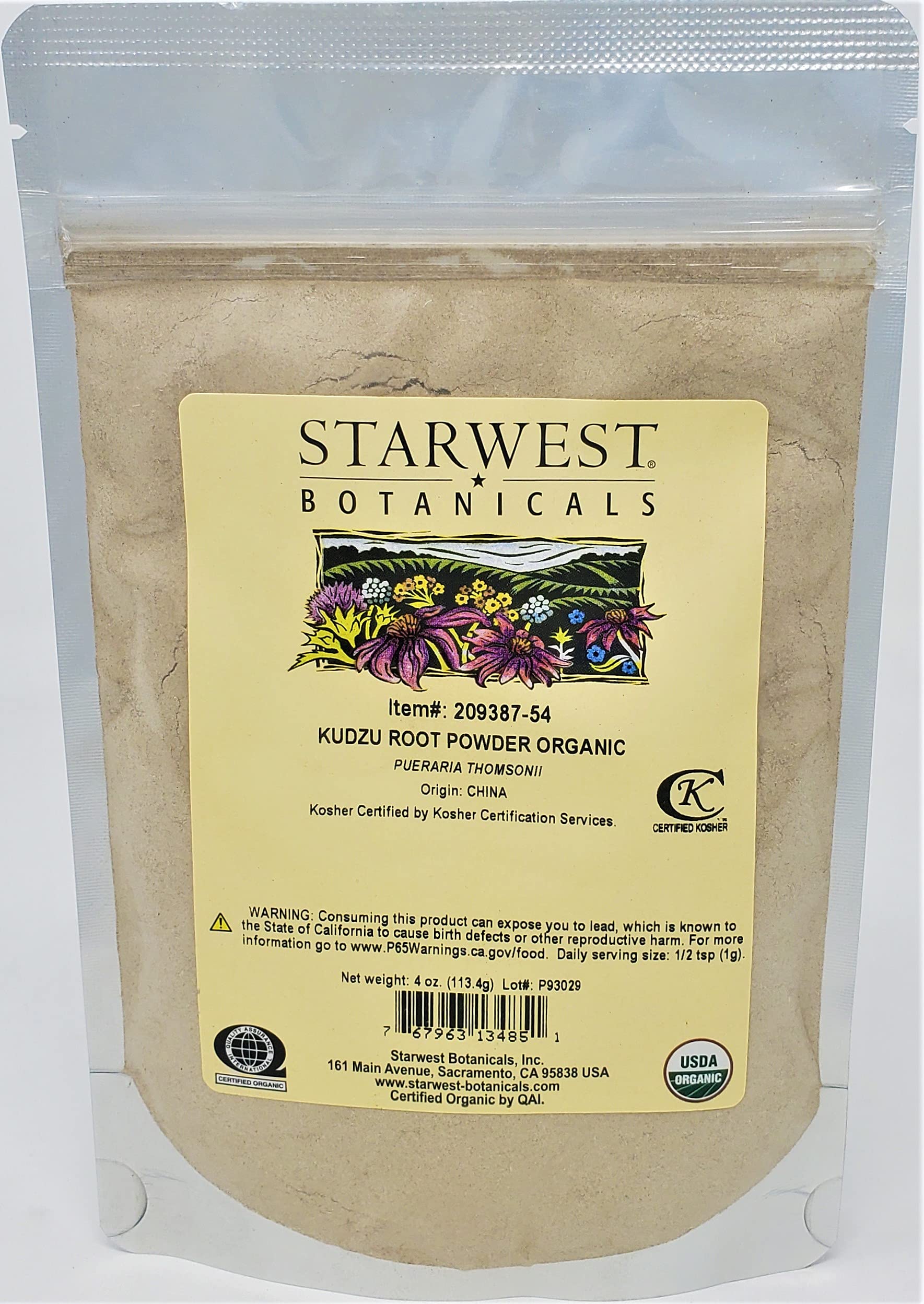 Organic Kudzu Root Powder by Starwest Botanicals - 4oz | USDA Certified, Gluten-Free & Vegan | Perfect for Smoothies, Baking & Herbal Remedies