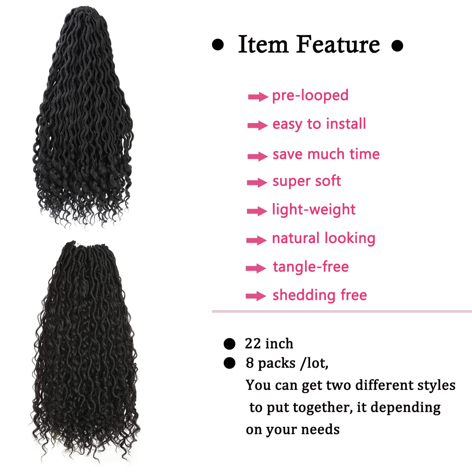 8 Packs 22 Inch Goddess Locs Crochet Hair - 1B Black Faux Locs with Wavy River Curls & Curly Ends for Women | Perfect for Protective Styling, Braiding, and Everyday Wear