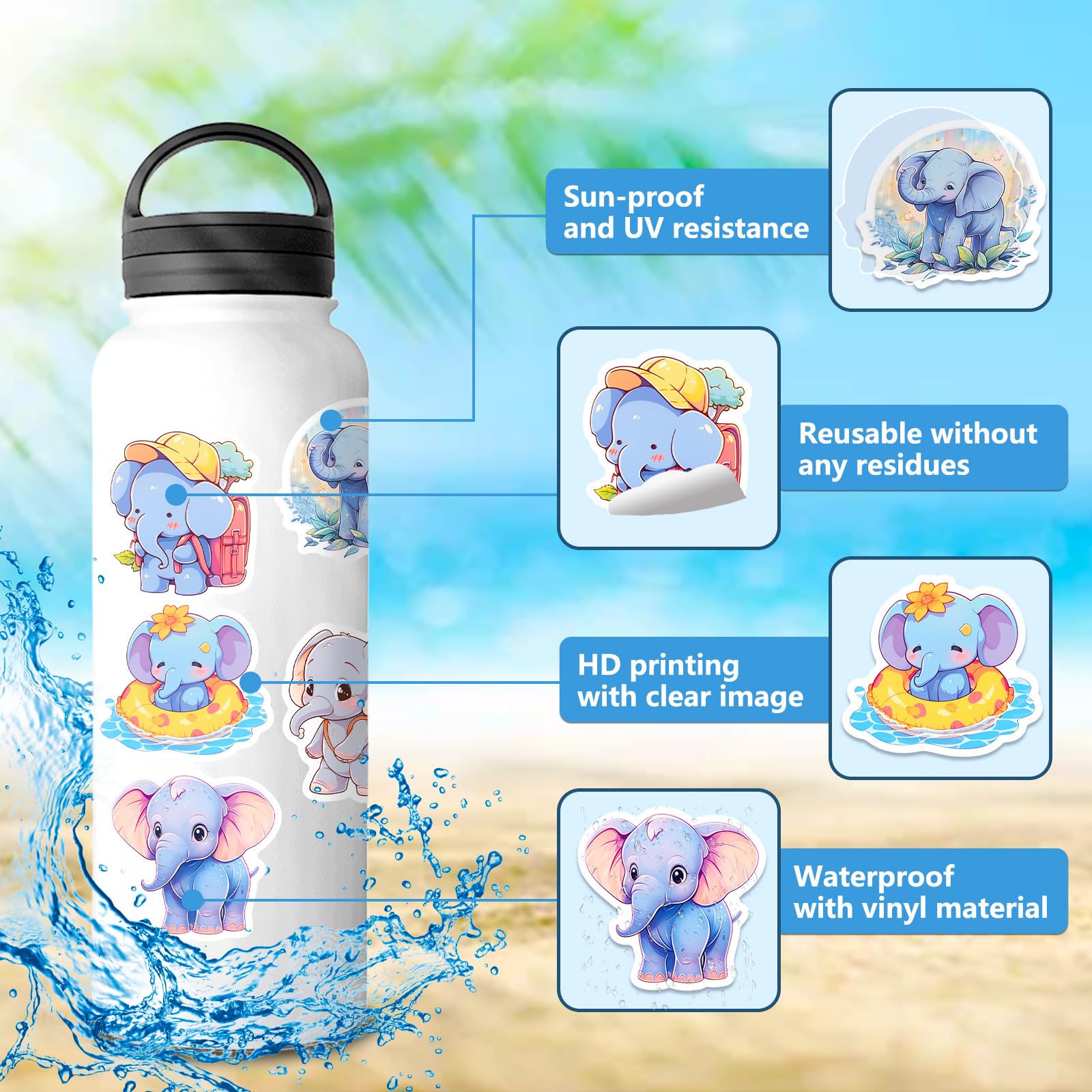 50PCS Cute Elephant Stickers for Kids & Adults - Waterproof Vinyl Decals for Water Bottles, Laptops, Luggage - Kawaii Animal Stickers for School, Office & Travel Decor