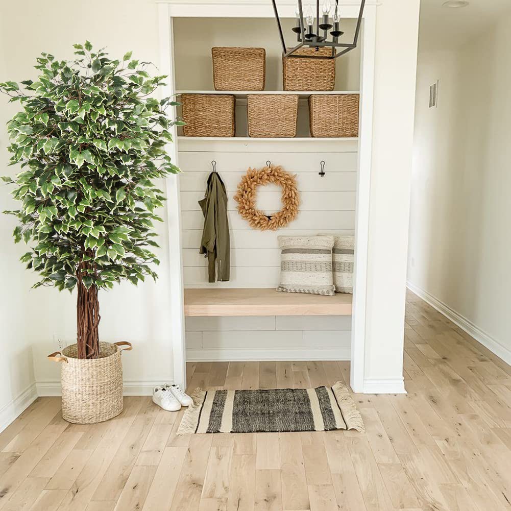 6ft Artificial Ficus Tree in Pot - Realistic Silk Plant with Green & White Leaves, Natural Trunk - Perfect for Indoor/Outdoor Home, Office, Garden, and Patio Decor