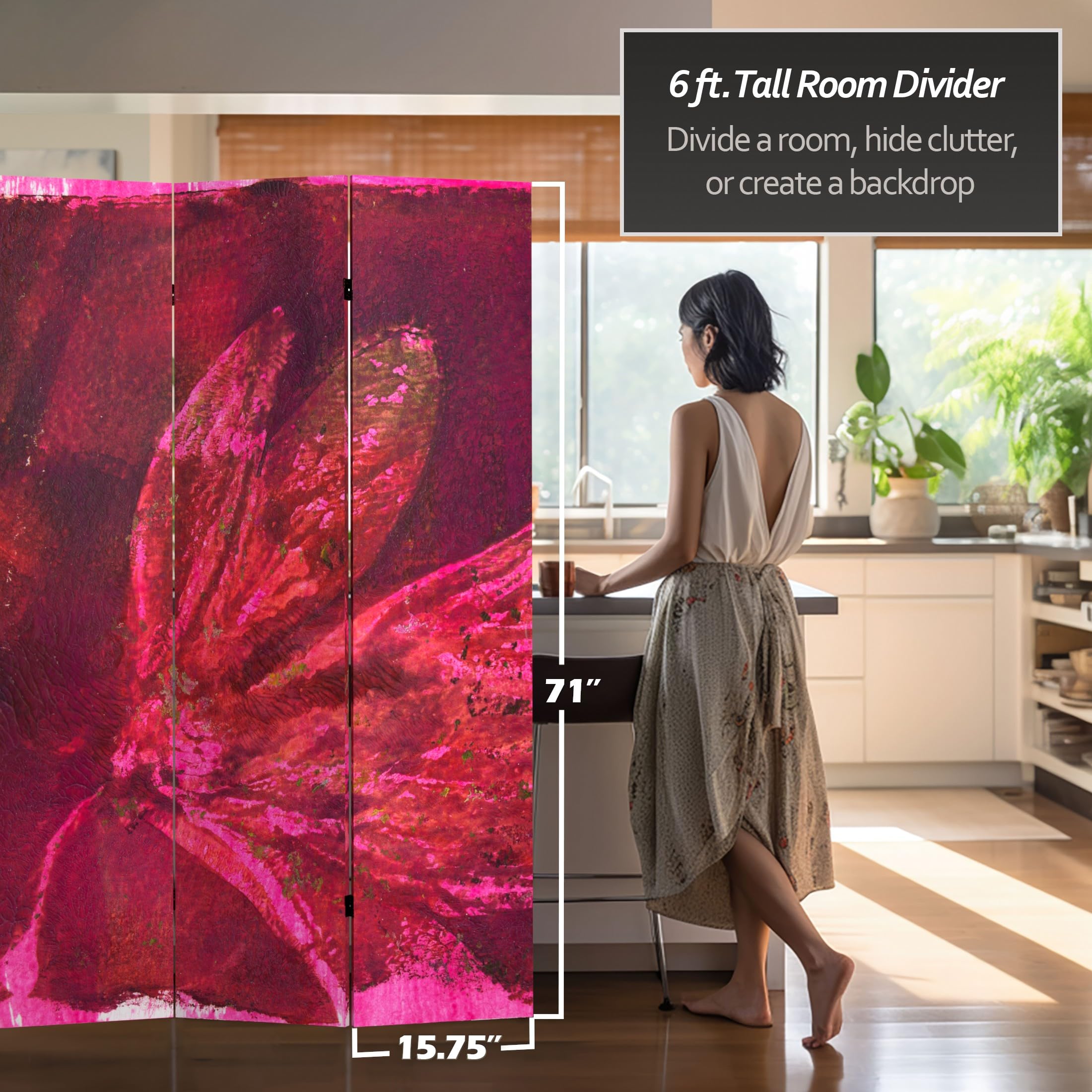 6 ft. Tall Double Sided Privacy Room Divider - Freestanding Partition Screen for Home Office, Bedroom, and Studio - Decorative Canvas Room Separator with Sturdy Metal Frame