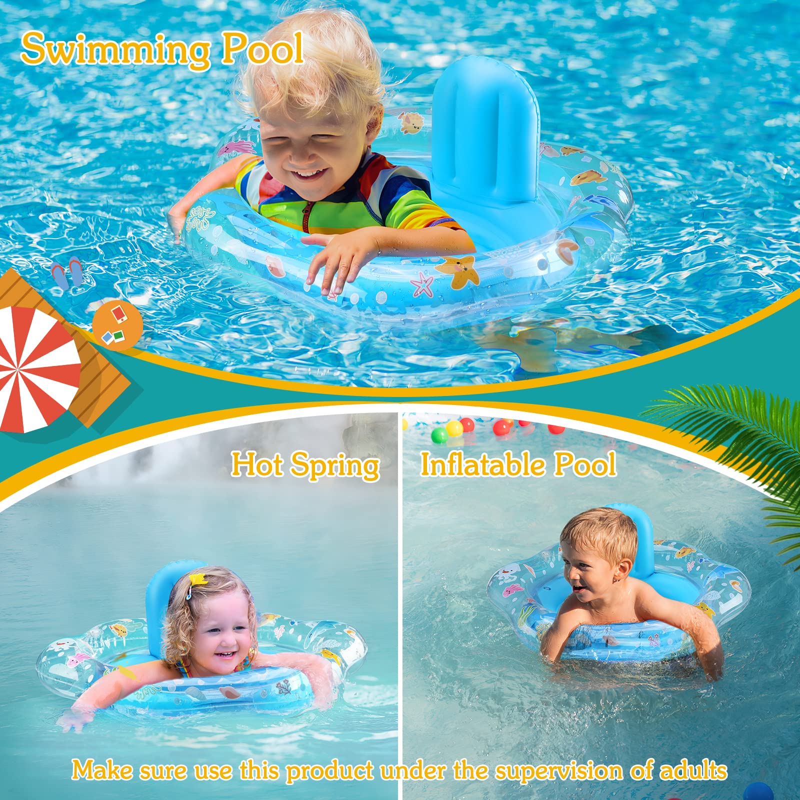 Zooawa Baby Swimming Float with Safety Seat - Thickened No Flip Infant Pool Float for Swim Training - Ideal for Babies 6-30 Months (Large, Blue) - Perfect for Pool, Beach & Backyard Water Play